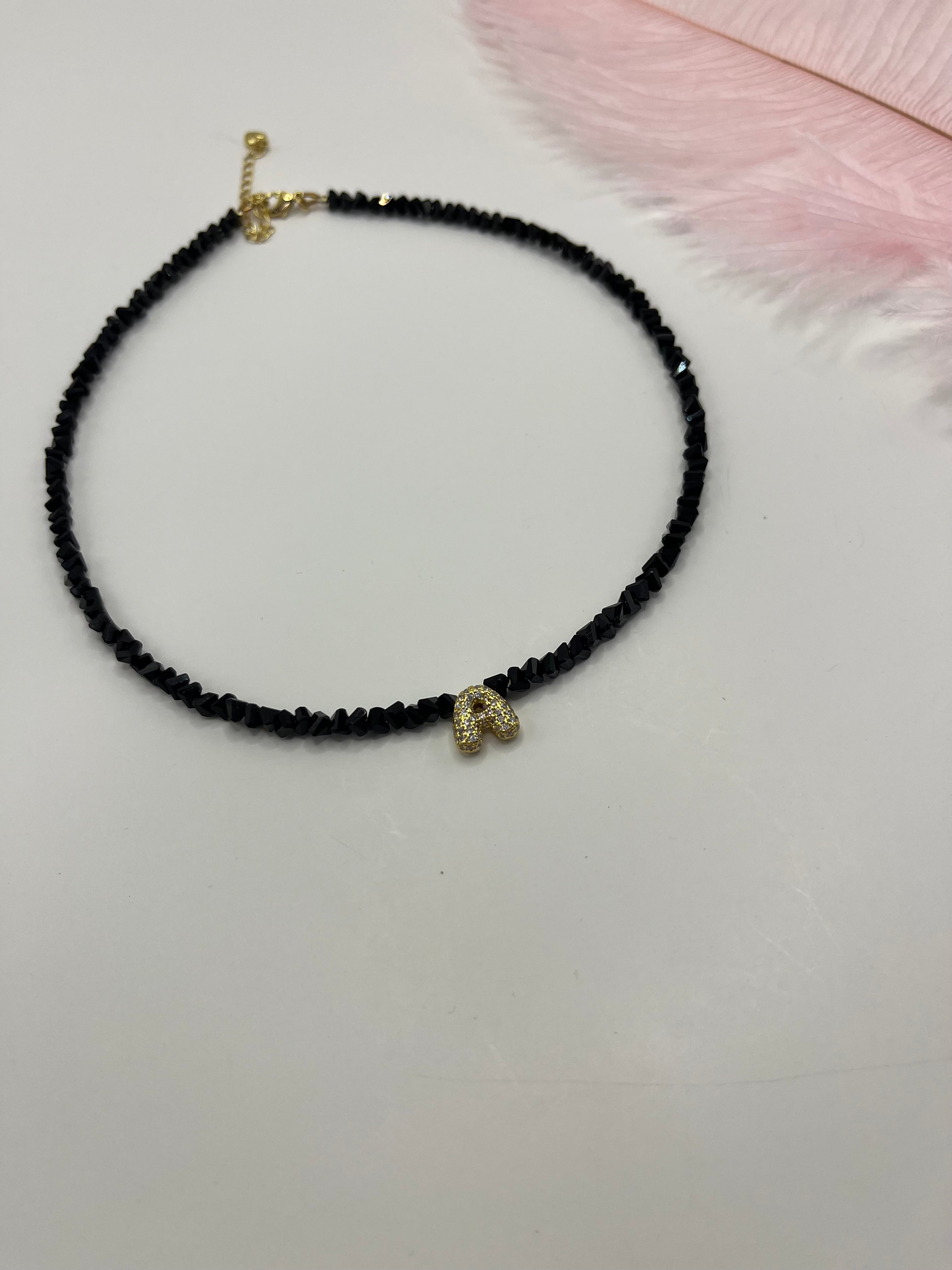 Initial Charm Black Crystal Necklace – 18K Gold Plated, Cubic Zirconia