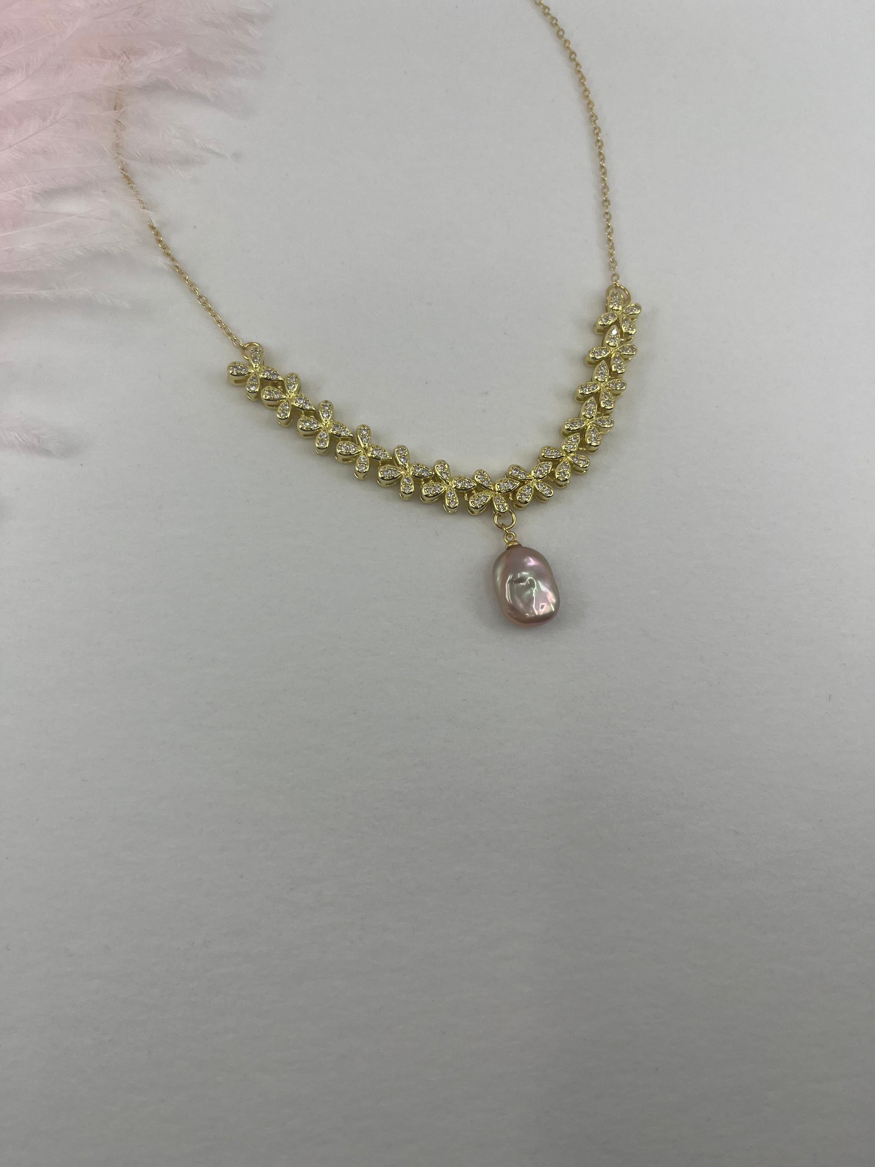 Baroque Pearl and zirconia Y-Necklace, 18k gold plated