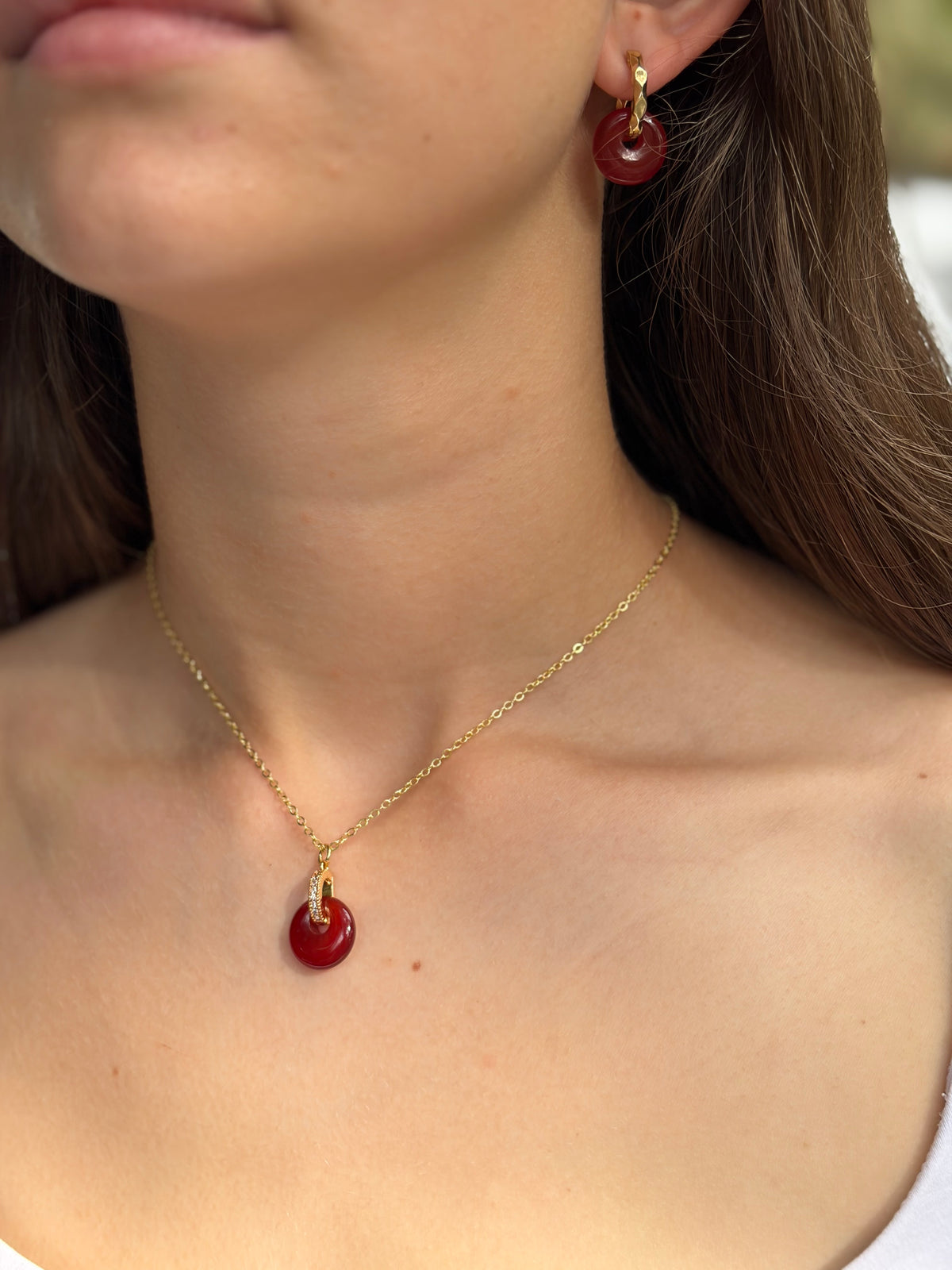 Red Agate donut Earrings and necklace,18K Gold Plated