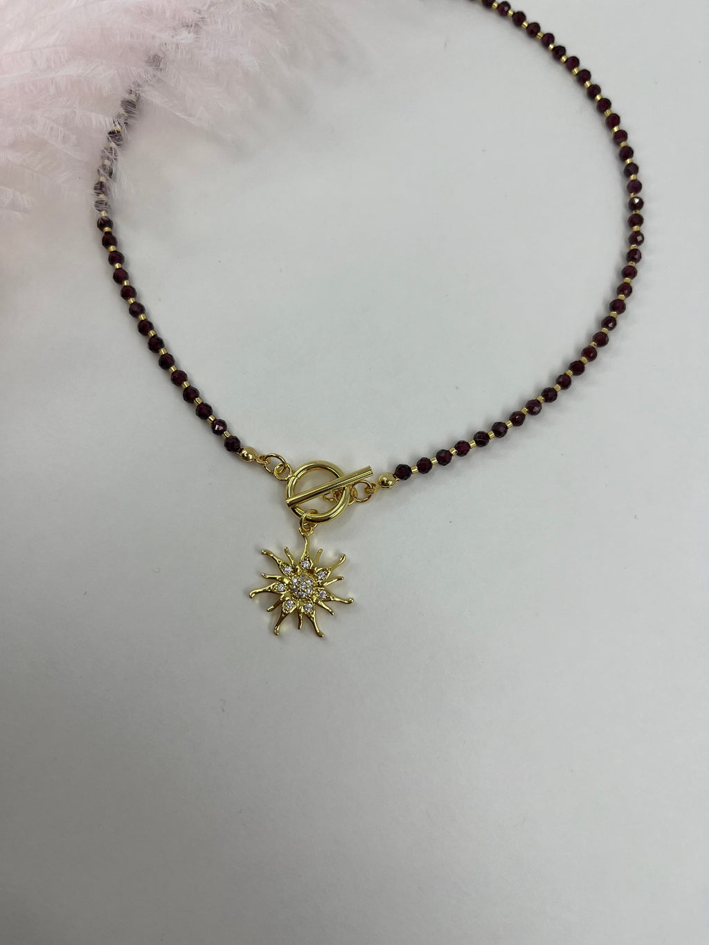 Garnet Sun necklace , 18K gold clasp