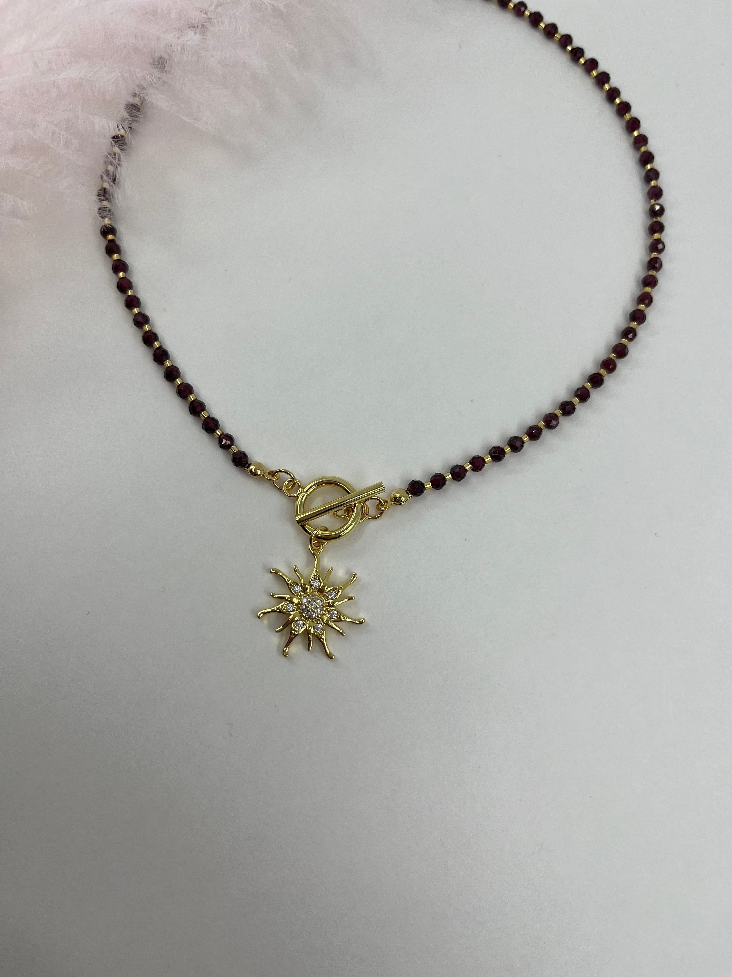 Garnet Sun necklace , 18K gold clasp