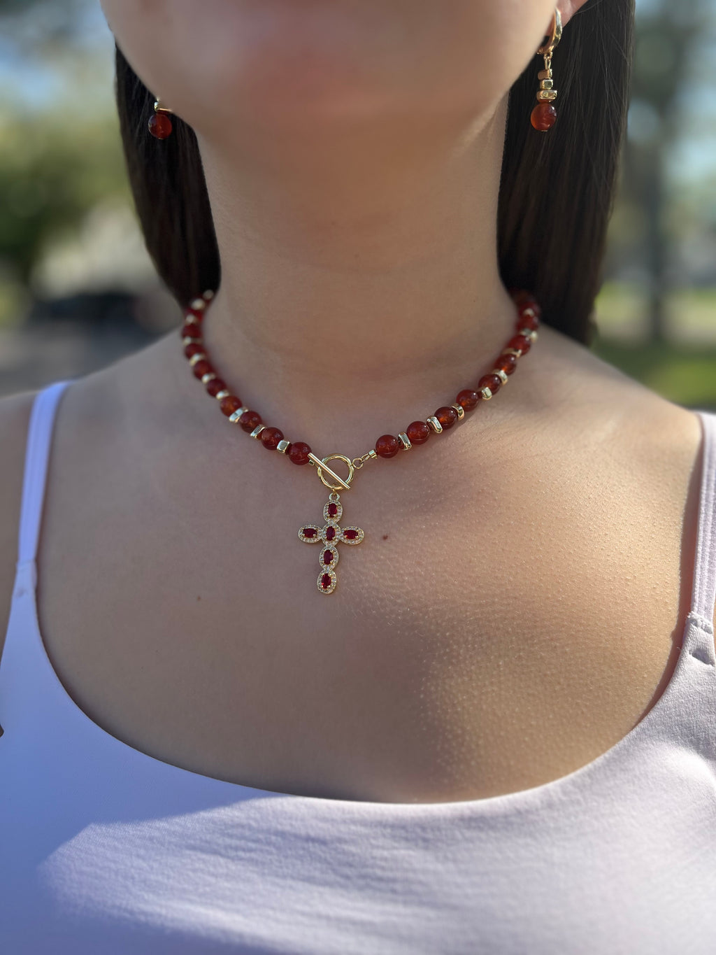Set: Natural Carnelian Necklace with 18K Gold Cross and earrings