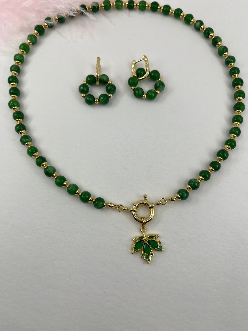 Natural Malaysia Jade Necklace with 18K Gold maple leaf pendant