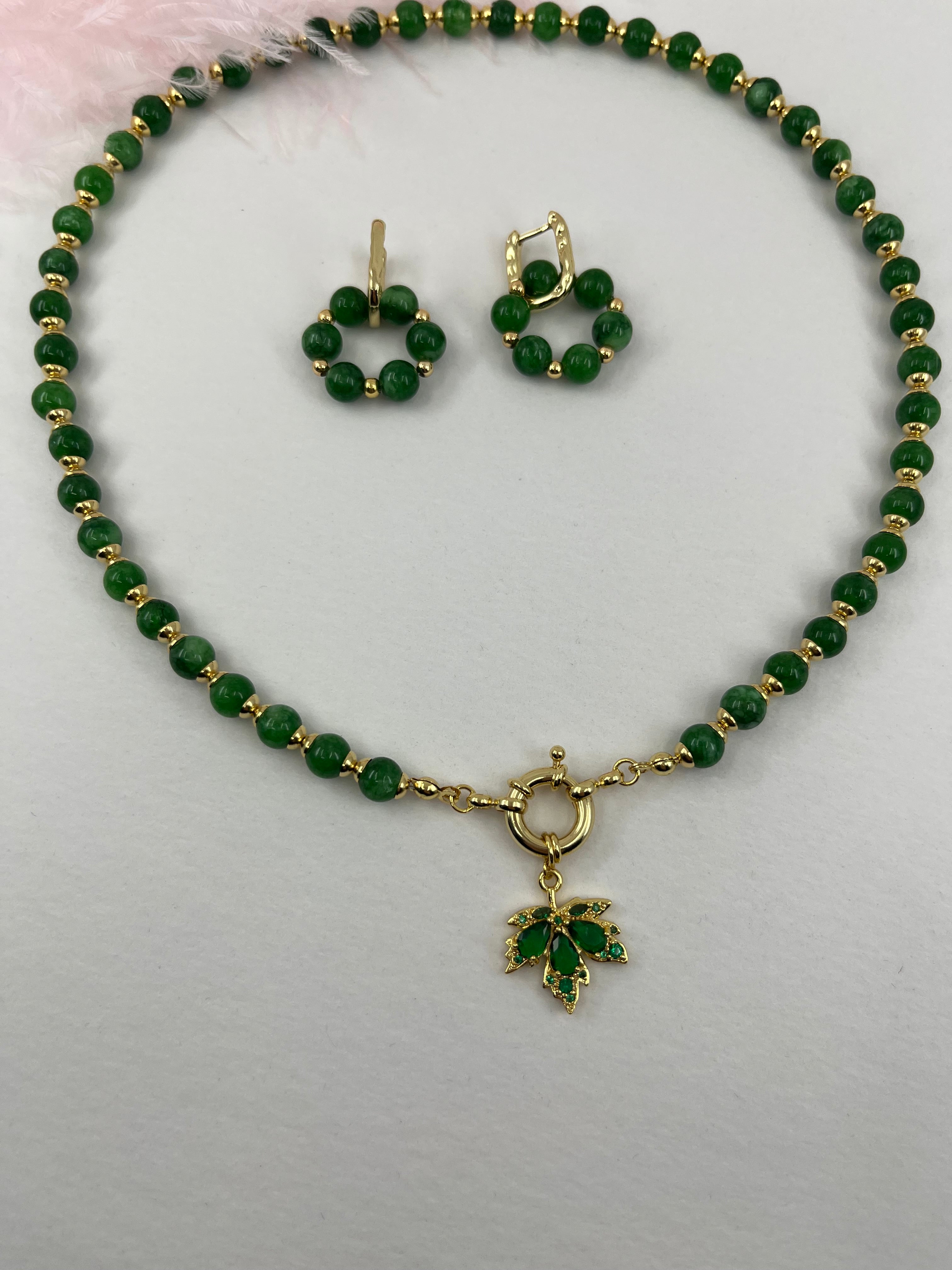 Natural Malaysia Jade Necklace with 18K Gold maple leaf pendant