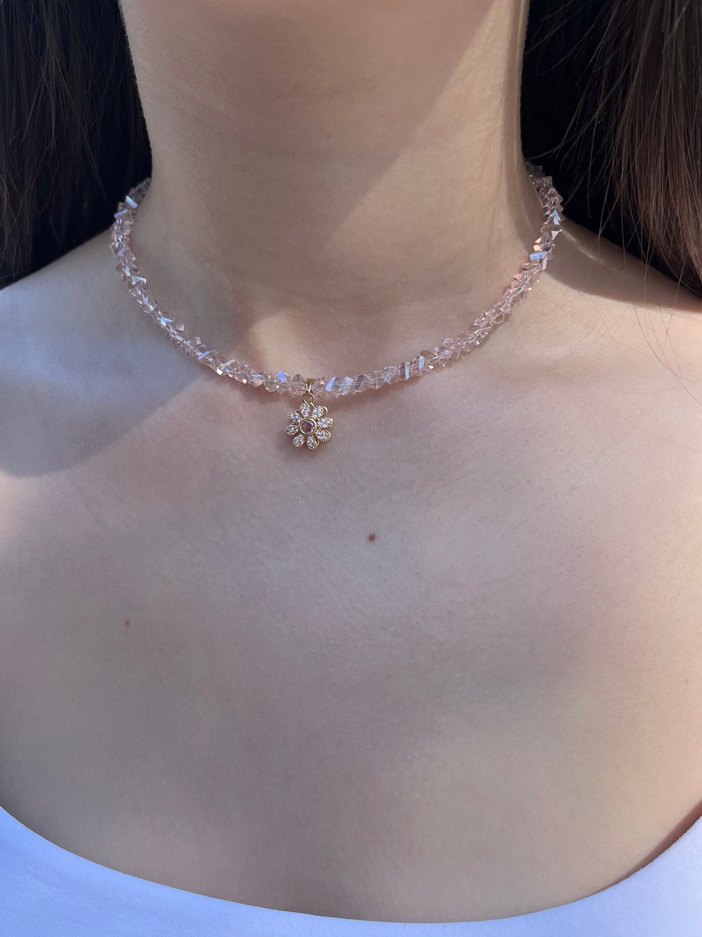 Flower Spinner Crystal Necklace, 18k gold plated
