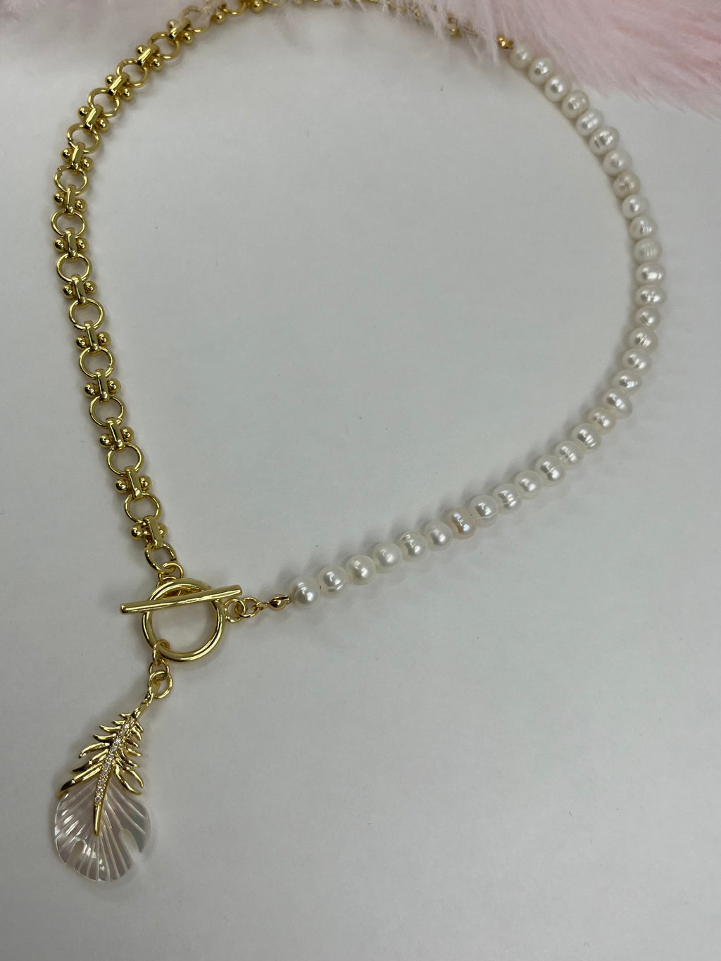 Asymmetrical Pearl Necklace with Feather Pendant, 18K Gold Plated Chain