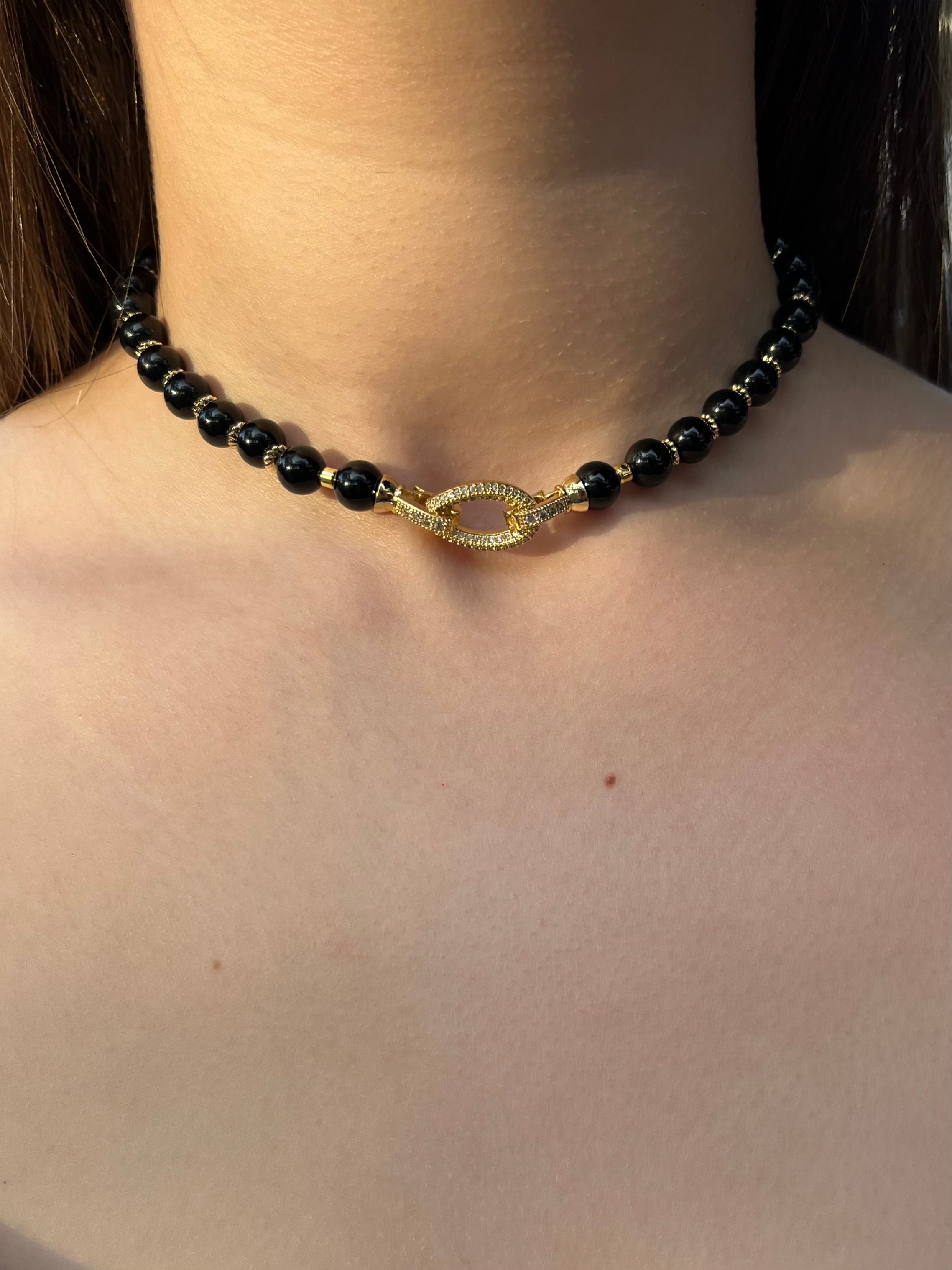 Black Onyx Choker – 18K Gold Plated Zirconia Clasp