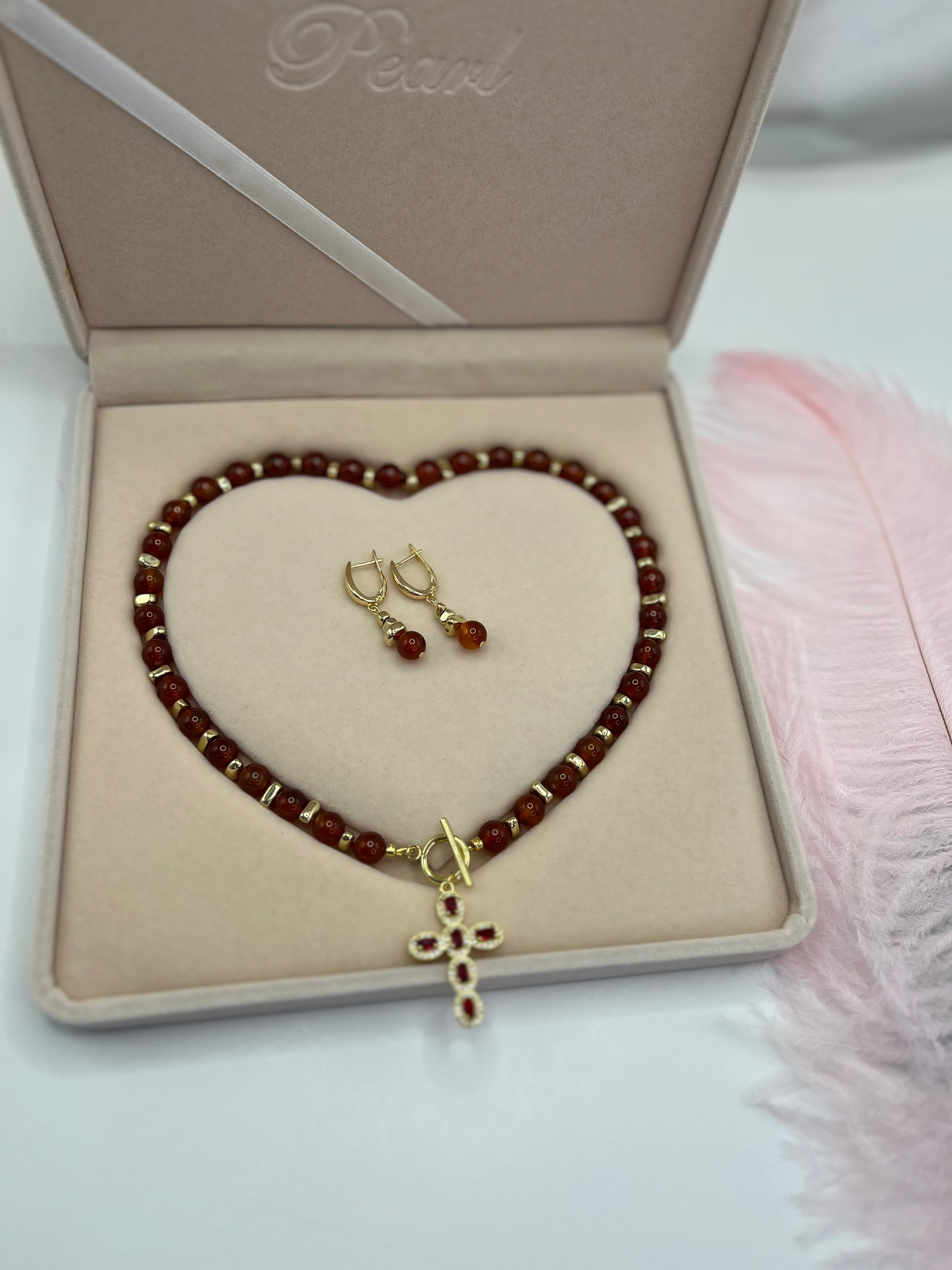 Set: Natural Carnelian Necklace with 18K Gold Cross and earrings