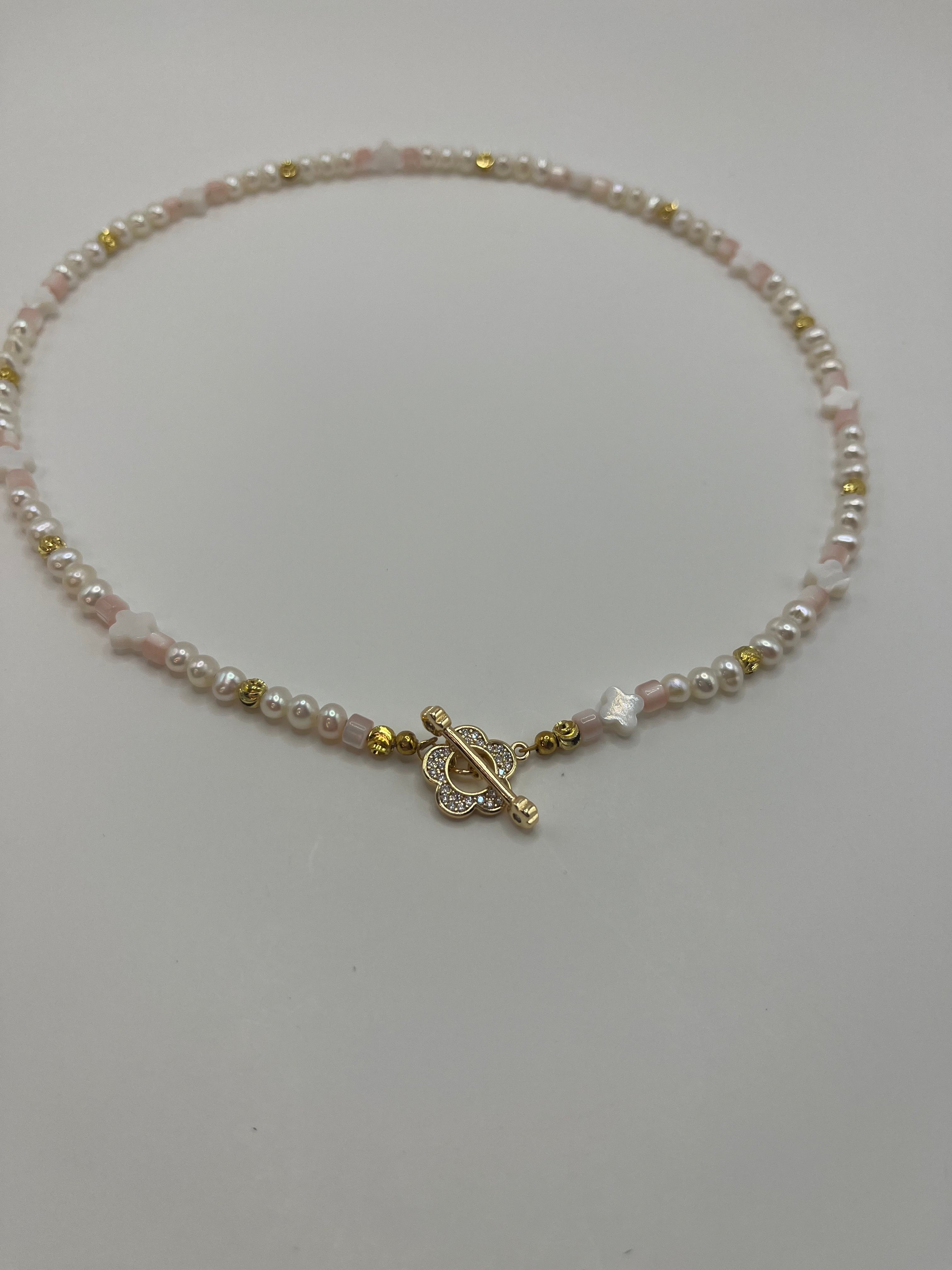 Freshwater Pearl & Shell Necklace with 18K Gold Plated Flower Toggle