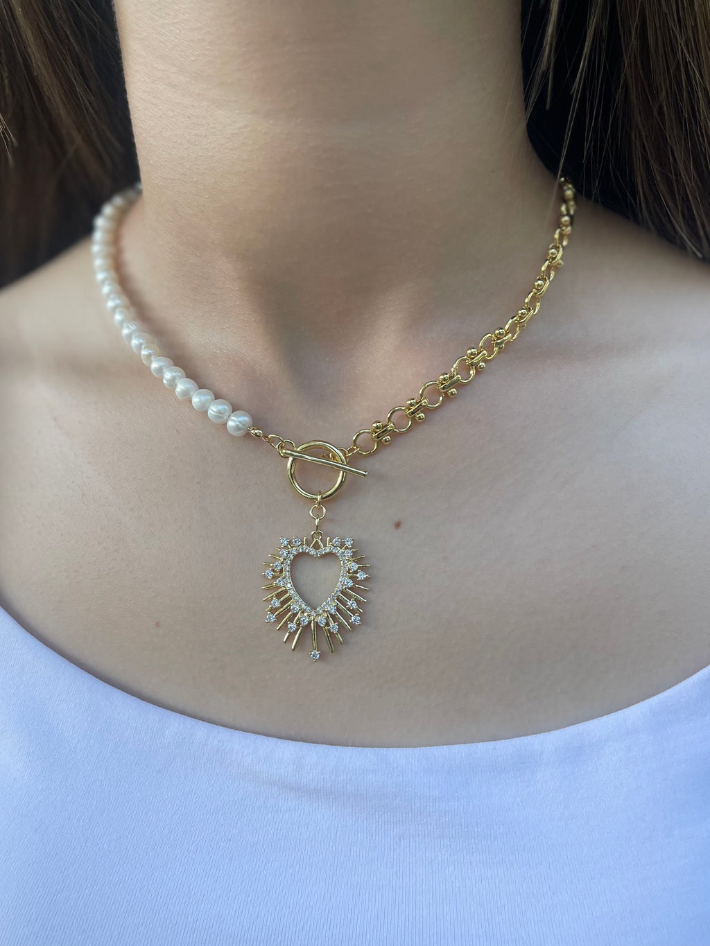 Asymmetrical Pearl Necklace with Heart Pendant, 18K Gold Plated Chain