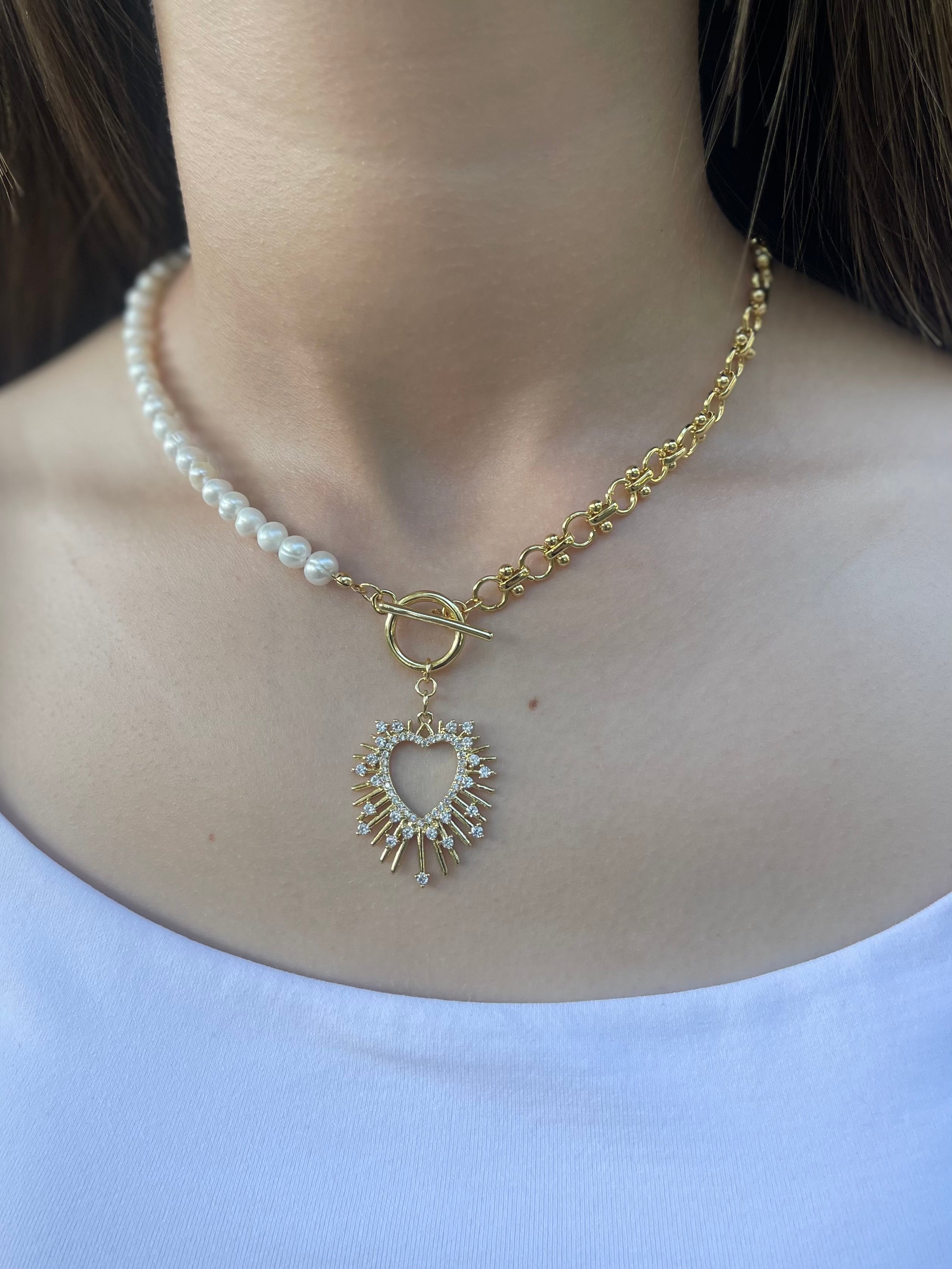 Asymmetrical Pearl Necklace with Heart Pendant, 18K Gold Plated Chain