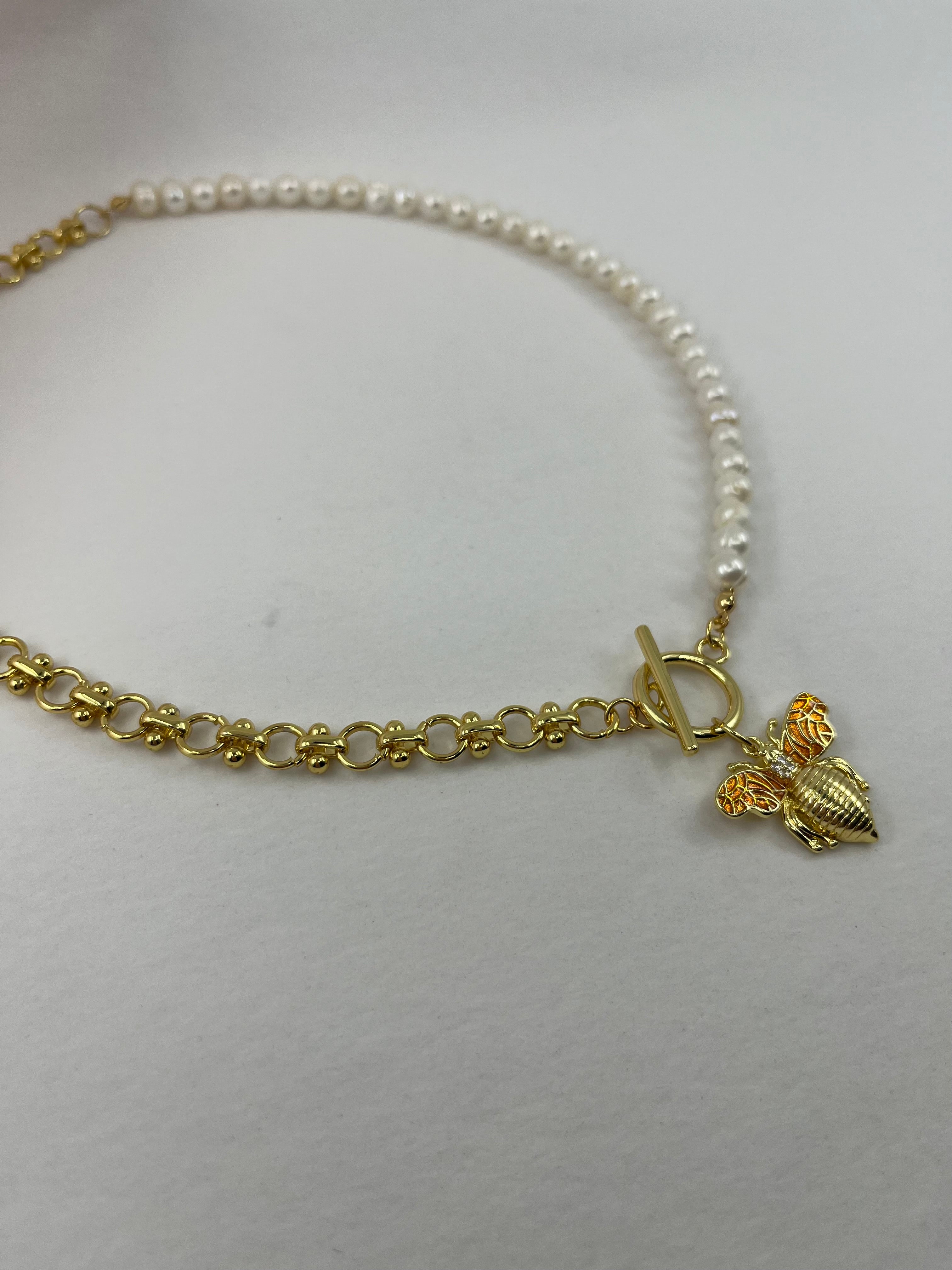 Asymmetrical Pearl Necklace with Bee Pendant, 18K Gold Plated Chain