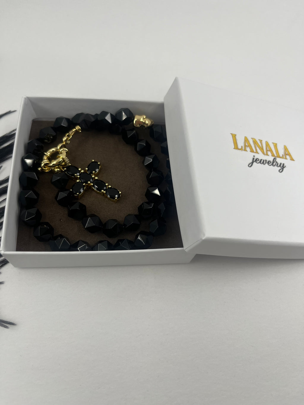Natural Black Onyx Necklace with Gold Zirconia Cross