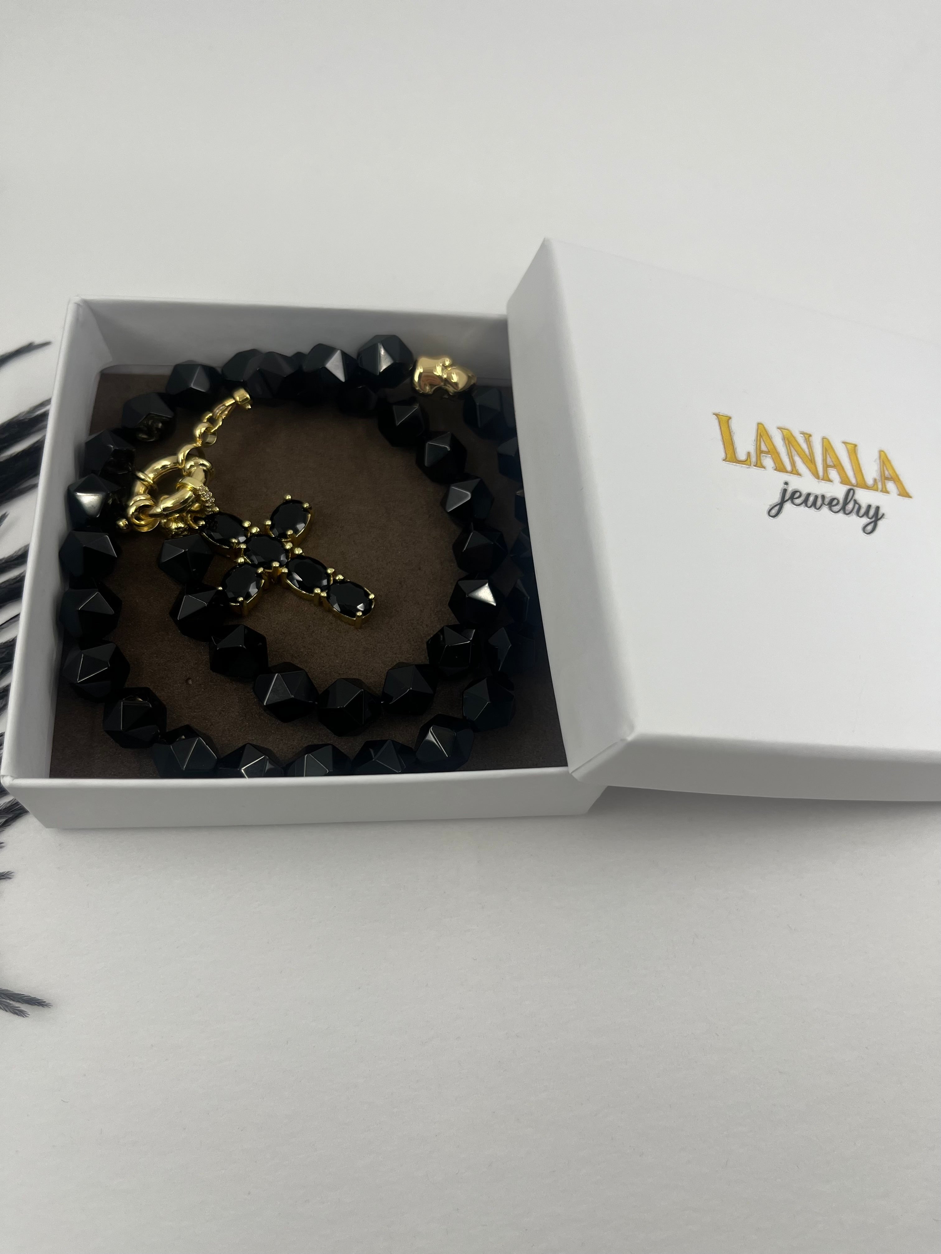 Natural Black Onyx Necklace with Gold Zirconia Cross