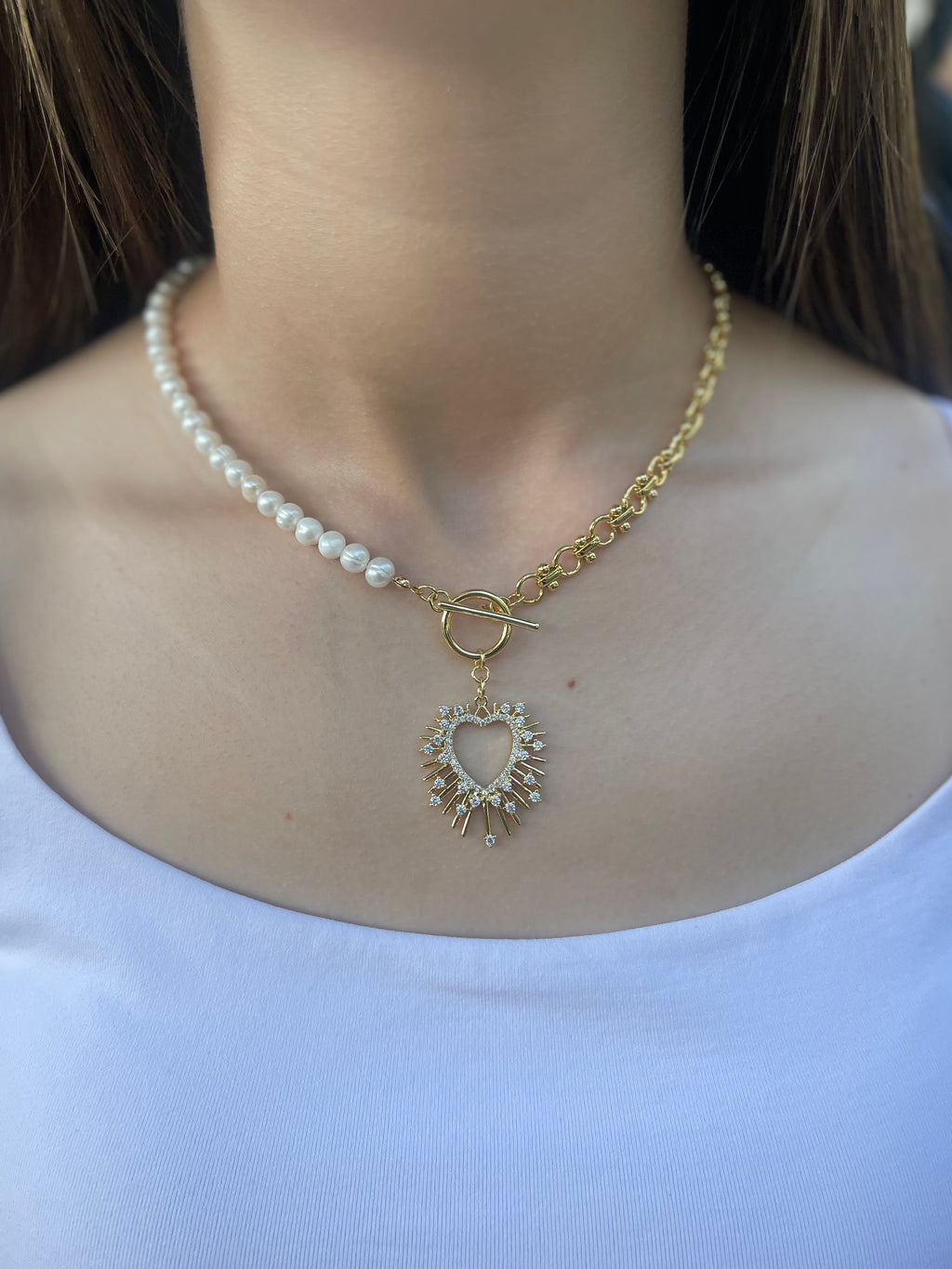 Asymmetrical Pearl Necklace with Heart Pendant, 18K Gold Plated Chain