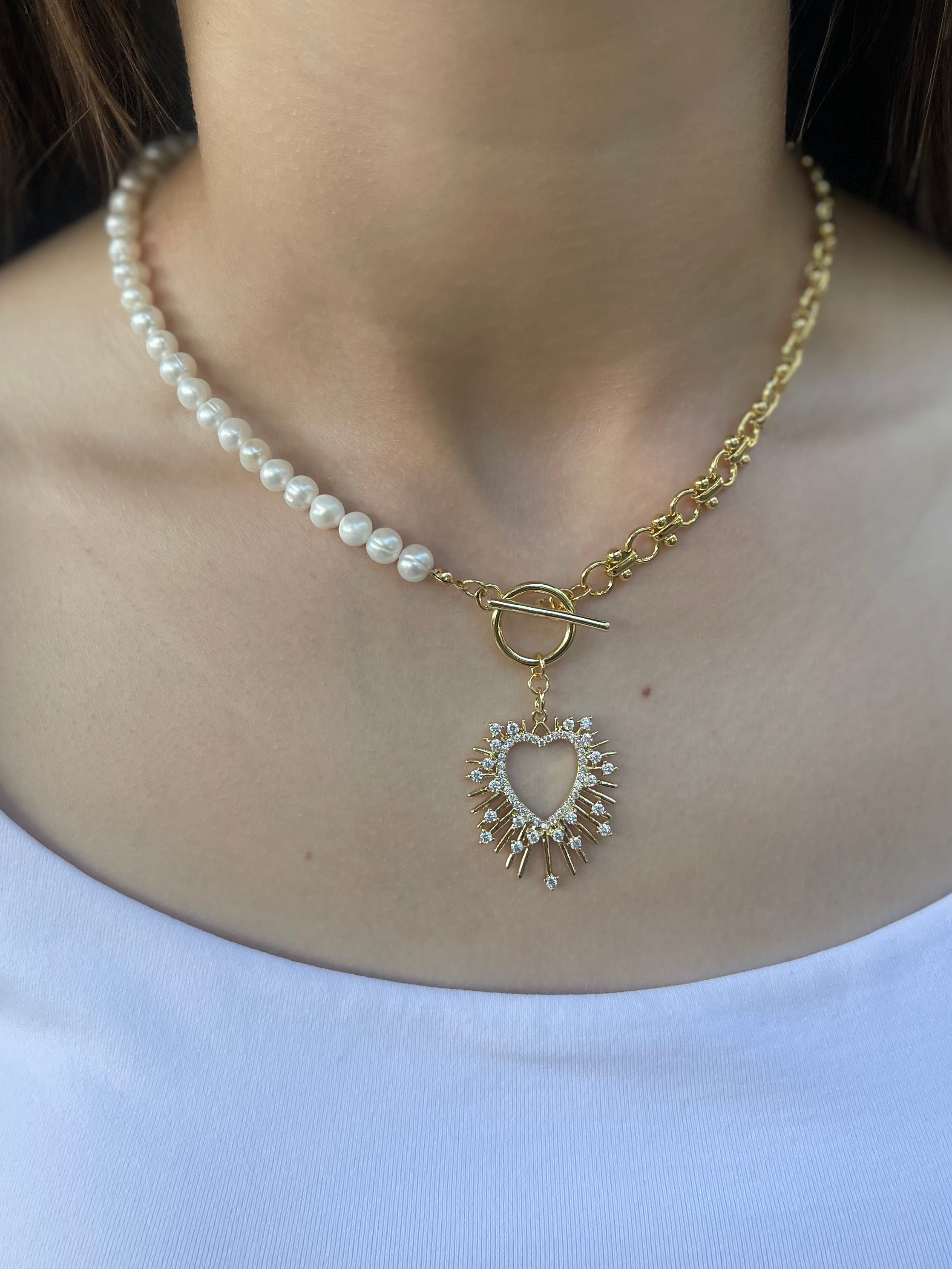 Asymmetrical Pearl Necklace with Heart Pendant, 18K Gold Plated Chain