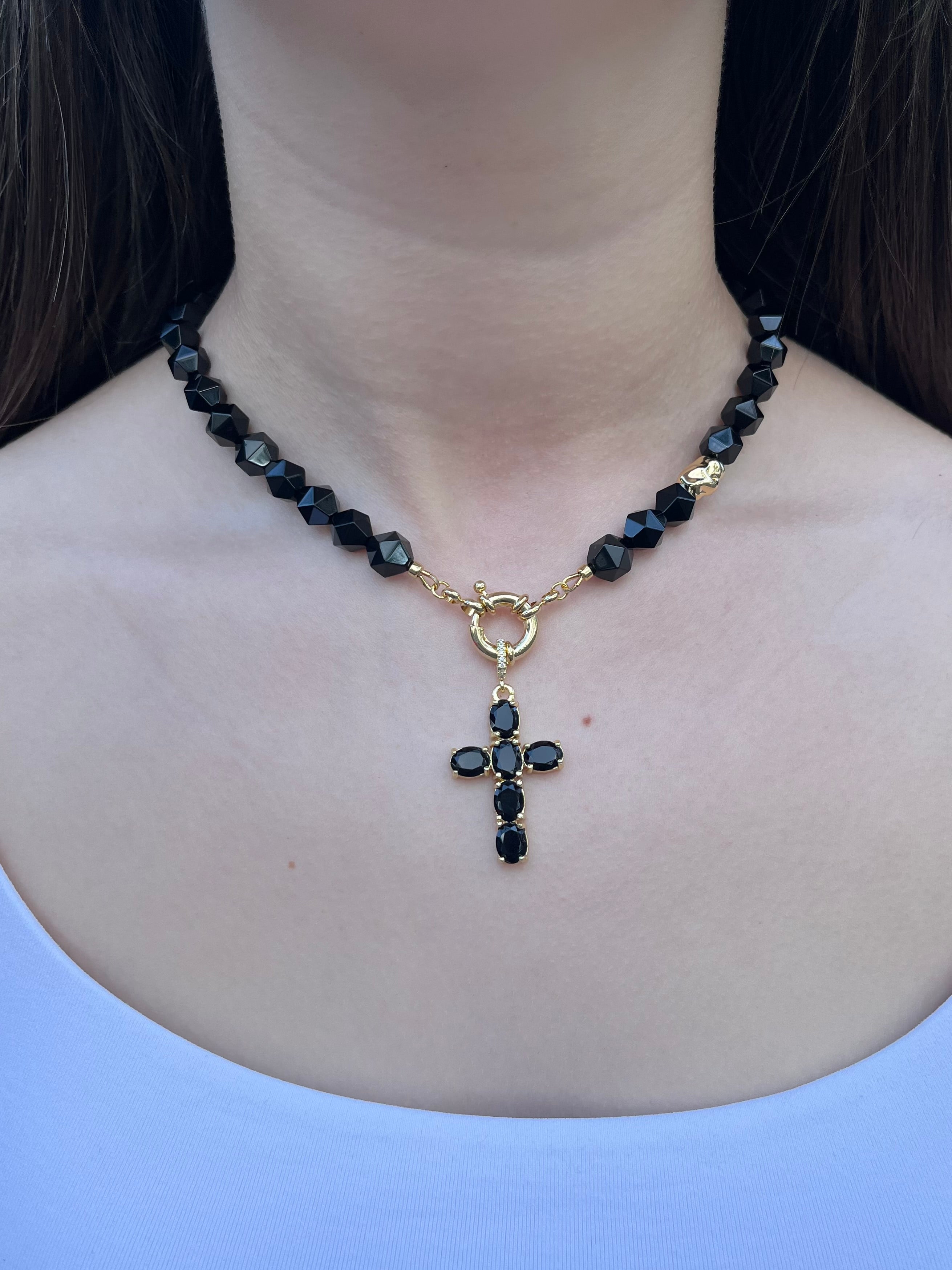 Natural Black Onyx Necklace with Gold Zirconia Cross