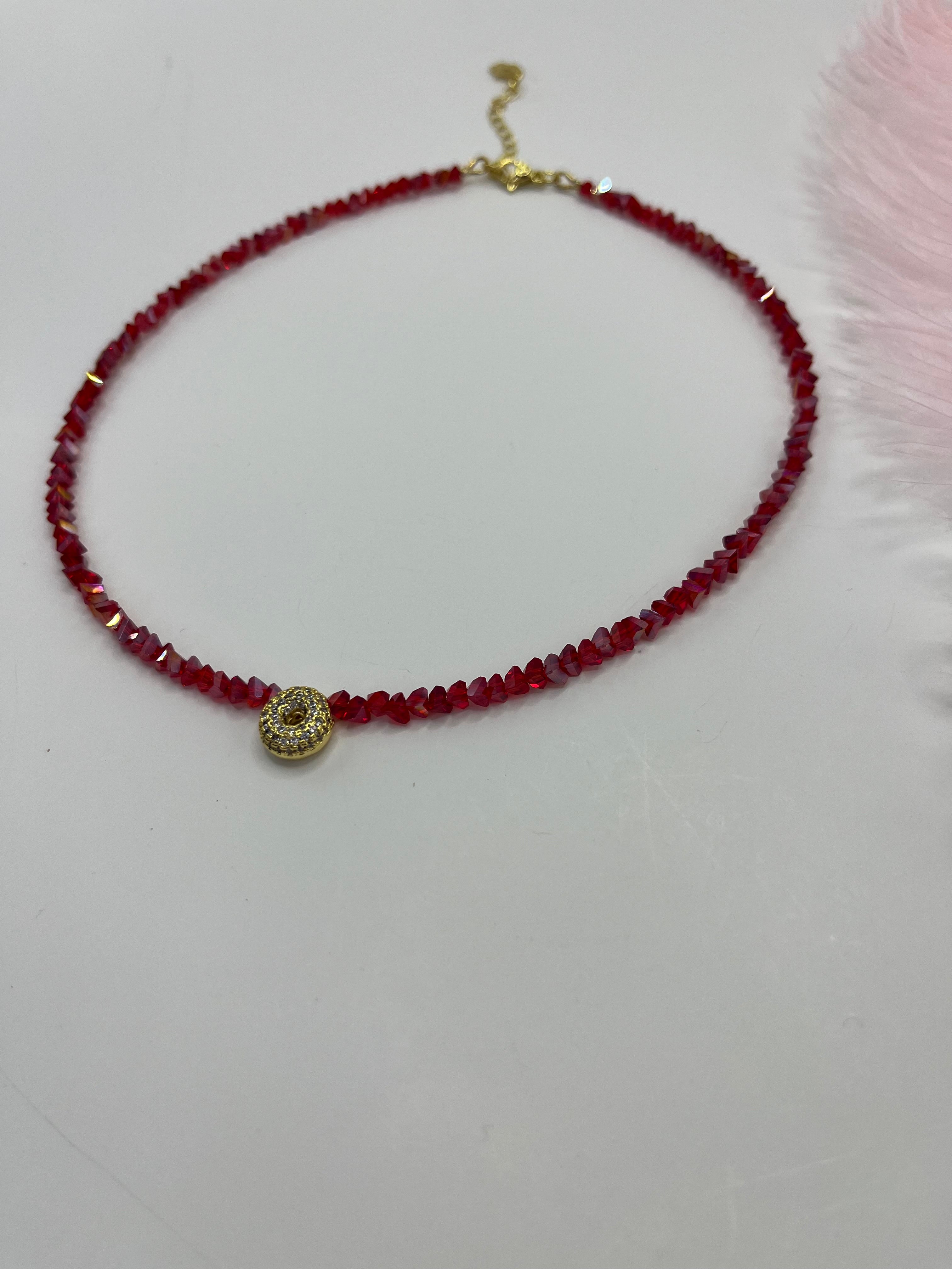 Initial Charm Red Crystal Necklace – 18K Gold Plated, Cubic Zirconia