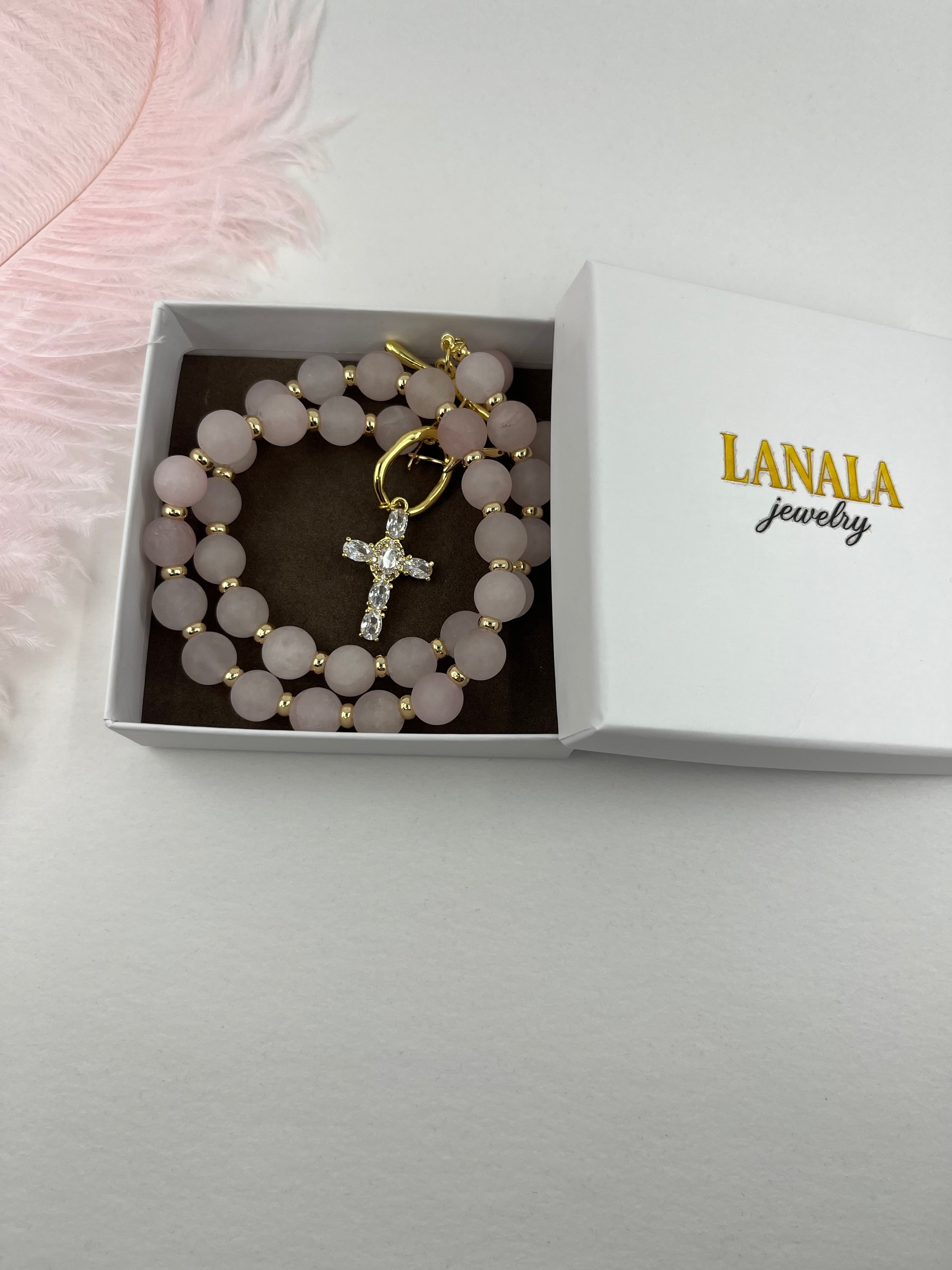 Set: Rose Quartz Cross Necklace and Earrings, 18k gold plated