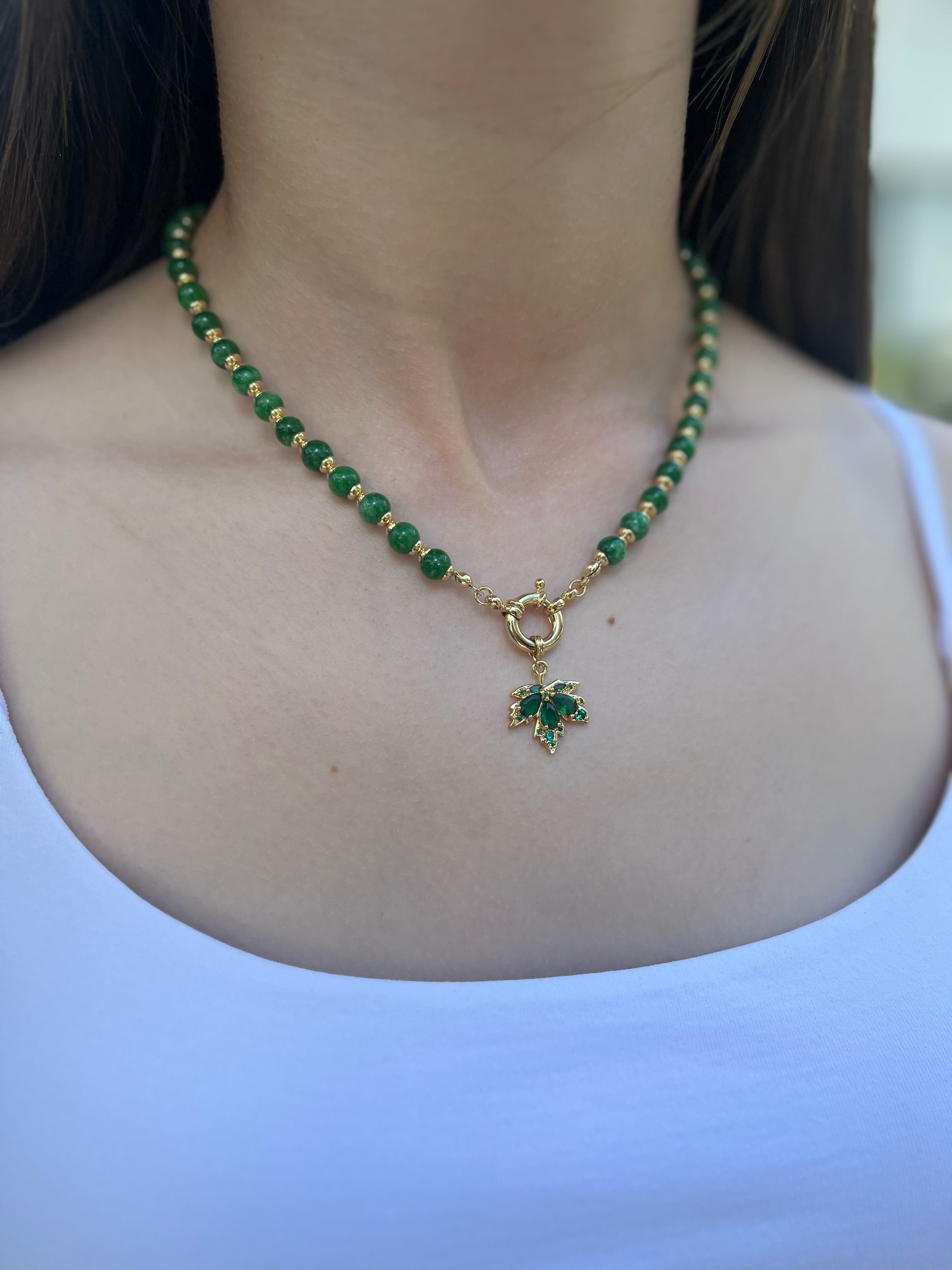 Natural Malaysia Jade Necklace with 18K Gold maple leaf pendant