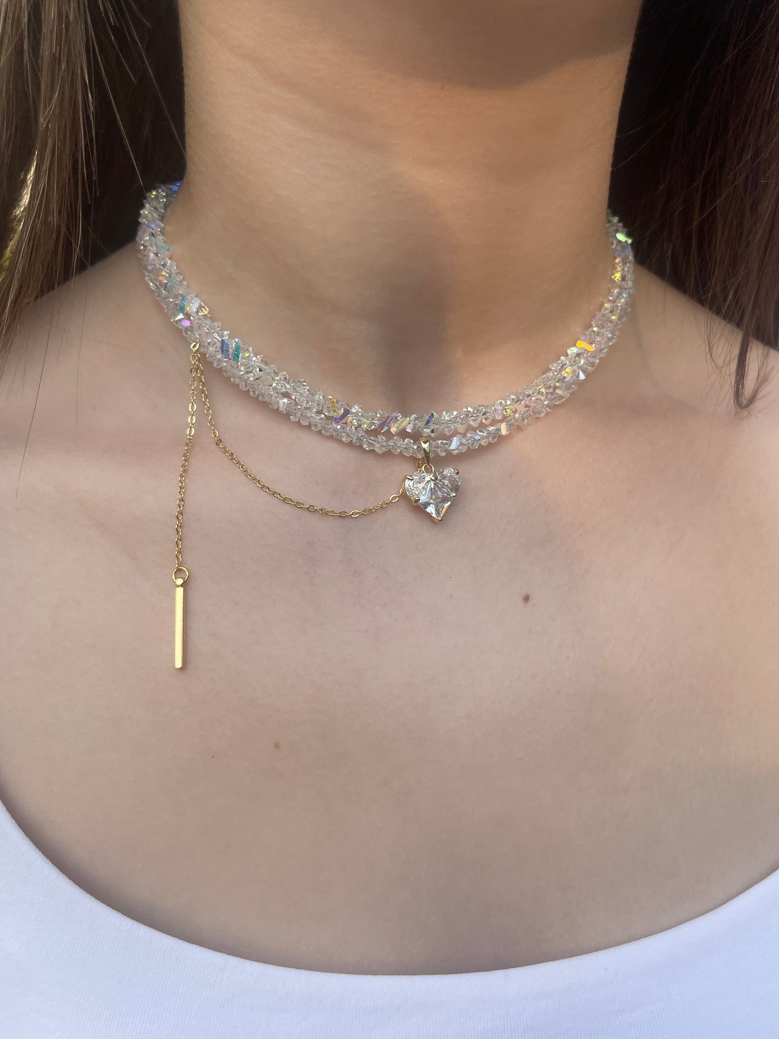 Set: Heart Crystal Choker Necklace and Earrings – 18K Gold Plated, Cubic Zirconia, Nickel Free
