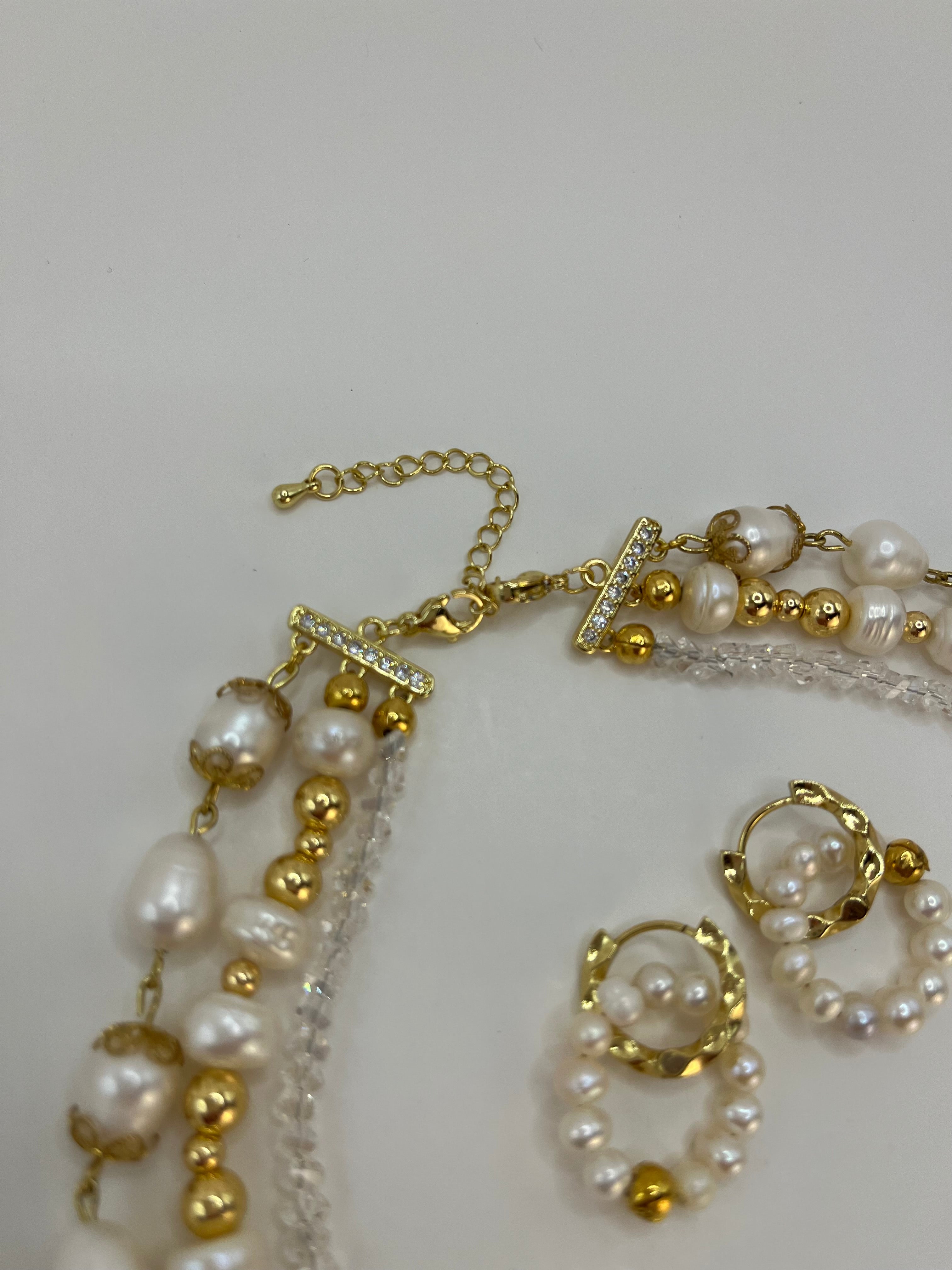 Three-Strand Natural Pearl & Crystal Necklace with Hoop Earrings Set – 18K Gold Plated, Gift Box
