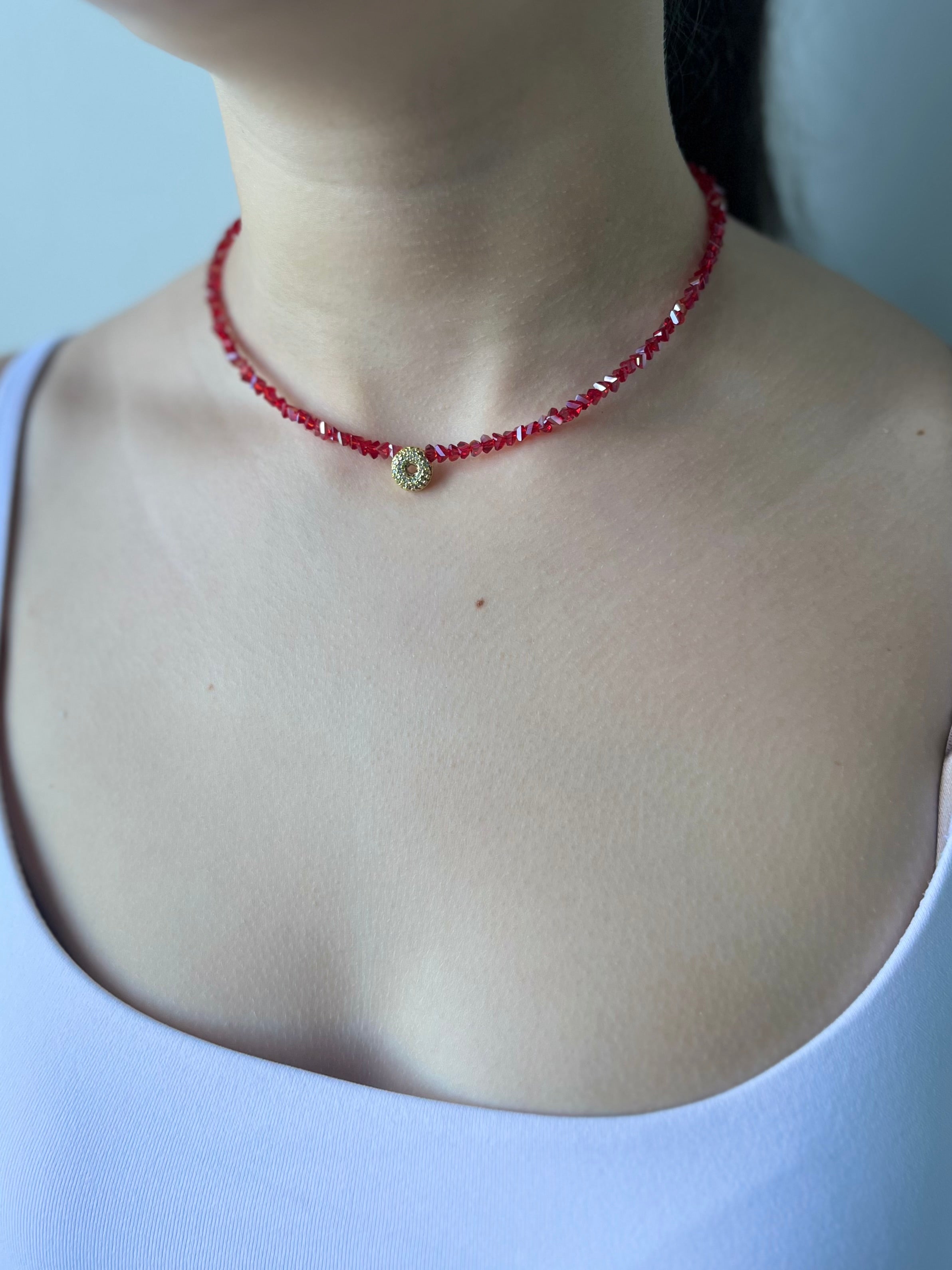Initial Charm Red Crystal Necklace – 18K Gold Plated, Cubic Zirconia