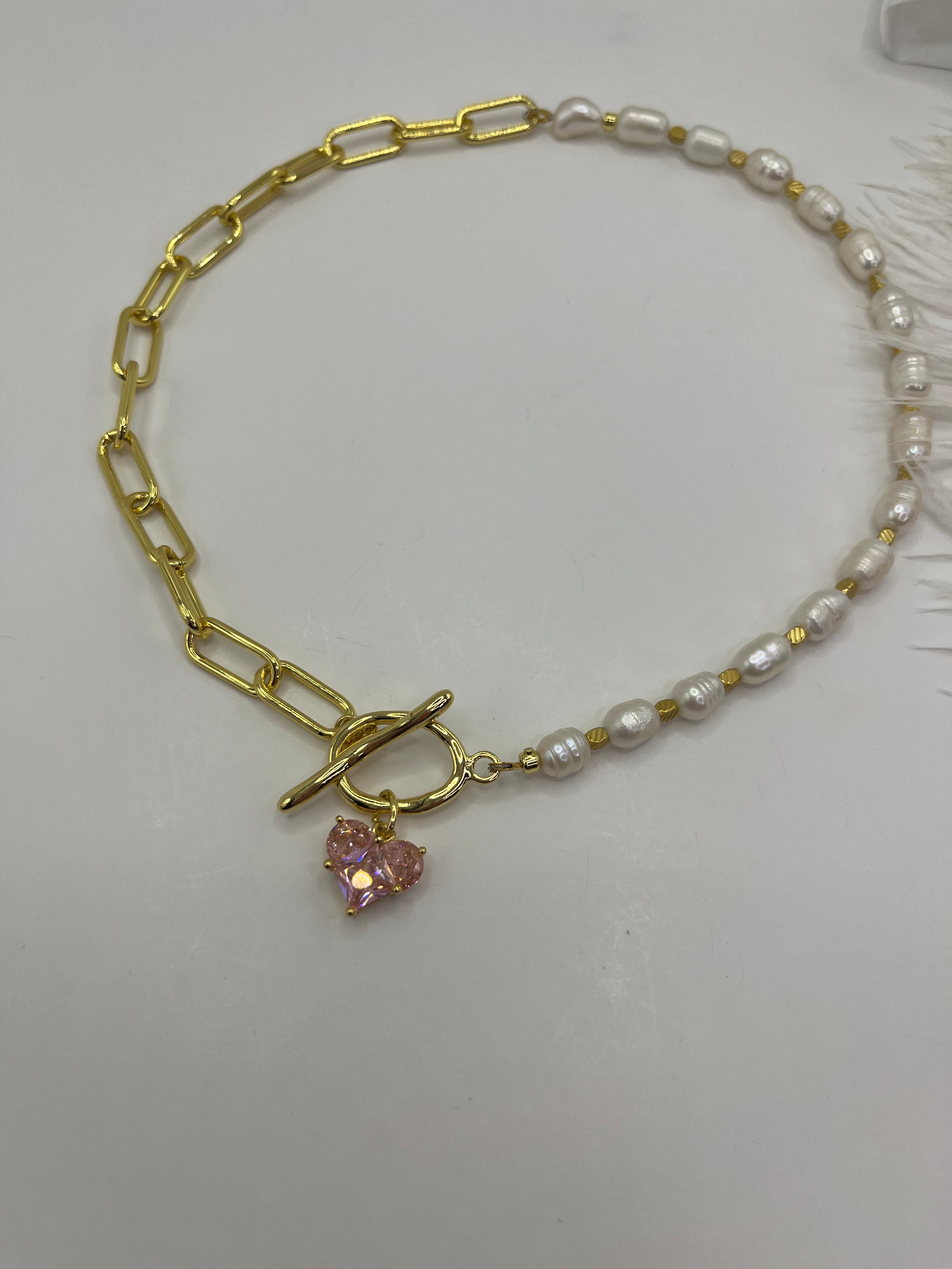 Asymmetrical Pearl Choker Necklace with earrings : 18K Gold Plated