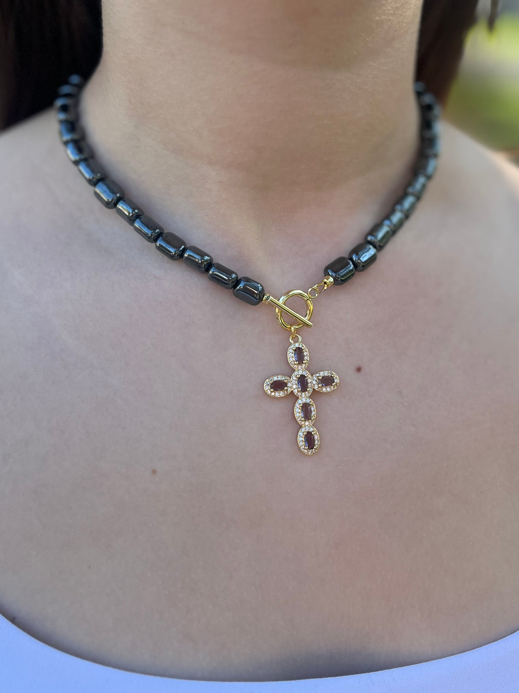 Hematite Choker Necklace with Cross pendant: 18K Gold Plated