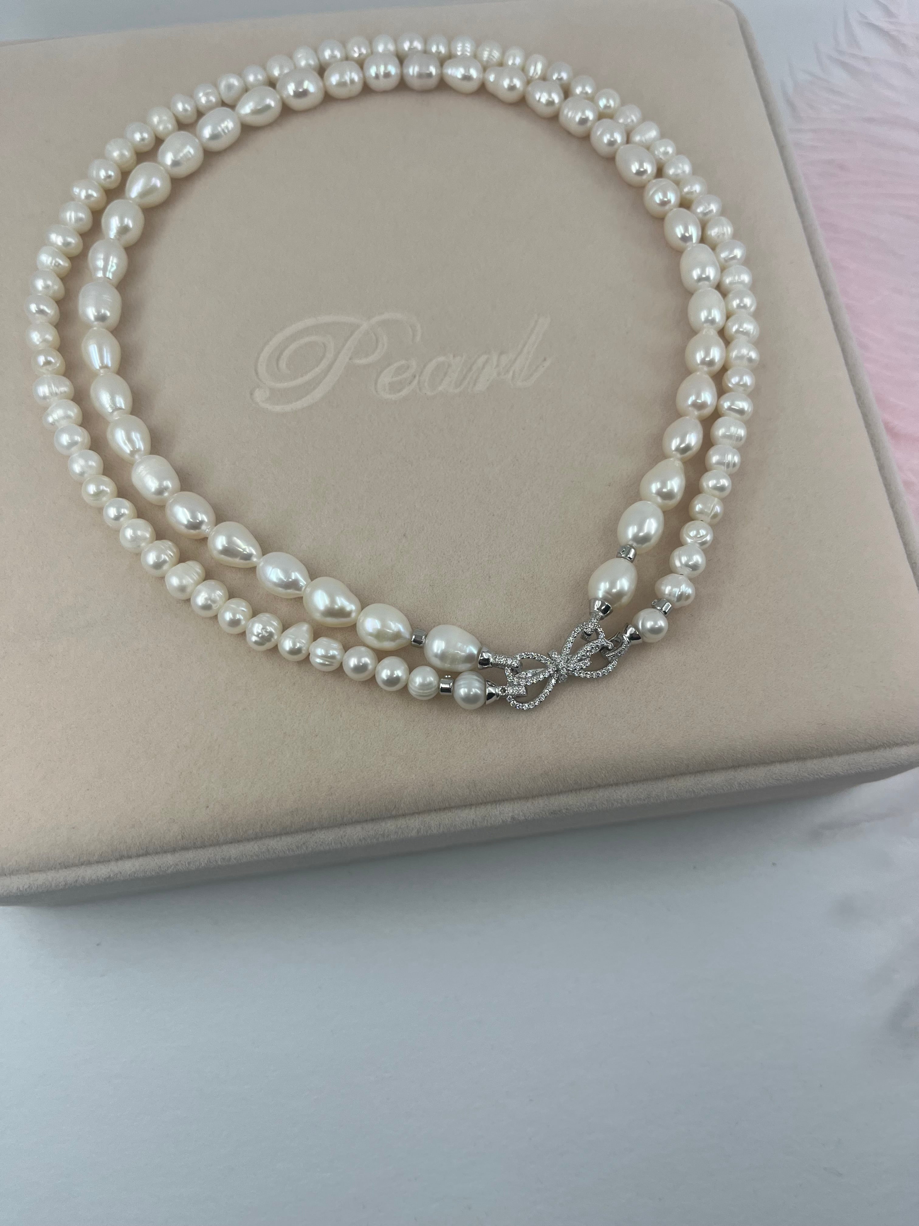 Layered Natural Pearl Necklace with 925 Sterling Silver Bowknot Clasp, Gift Box