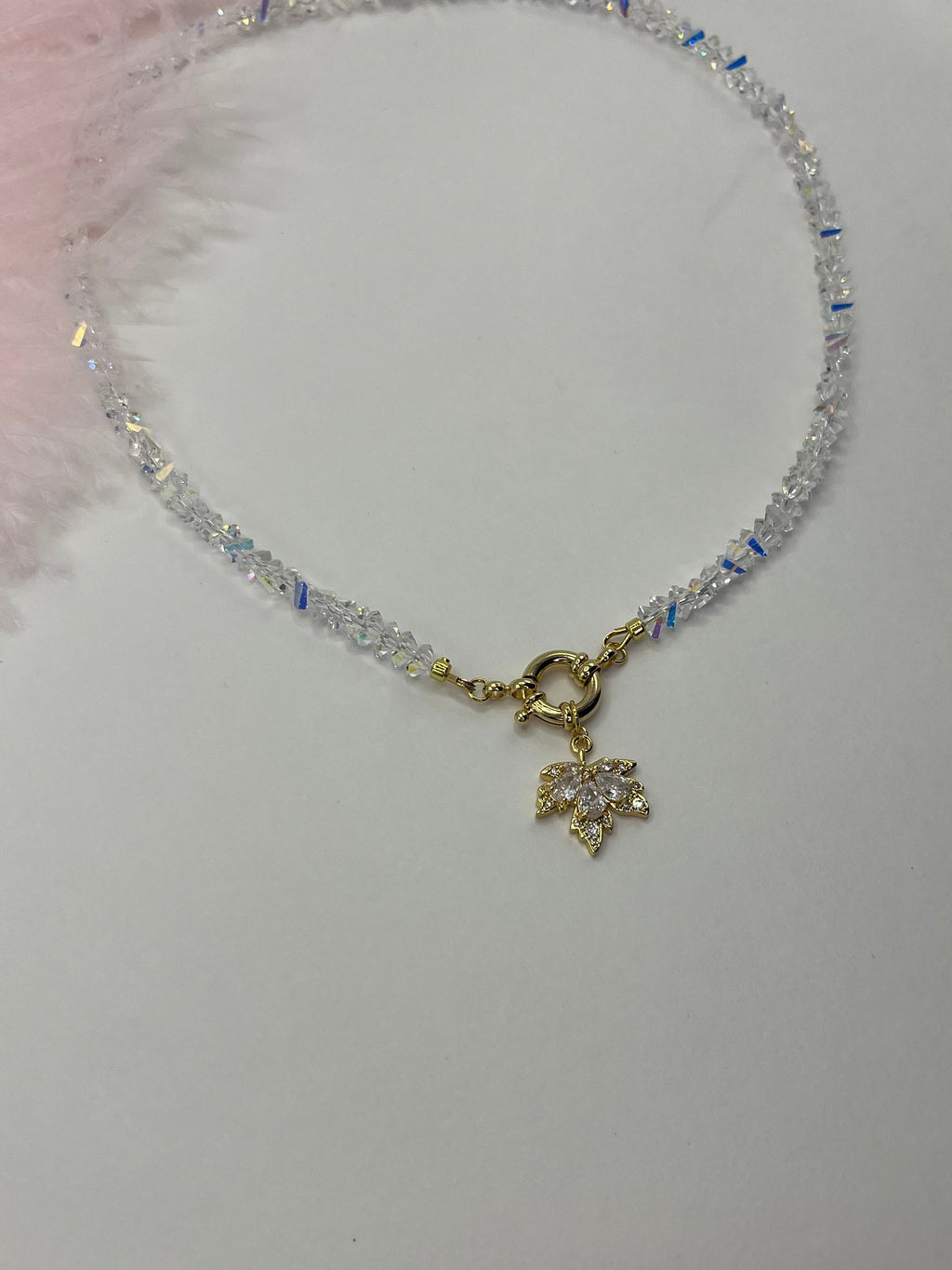 Crystal Glass Bead Choker: 18K Gold Pendant Maple Leaf