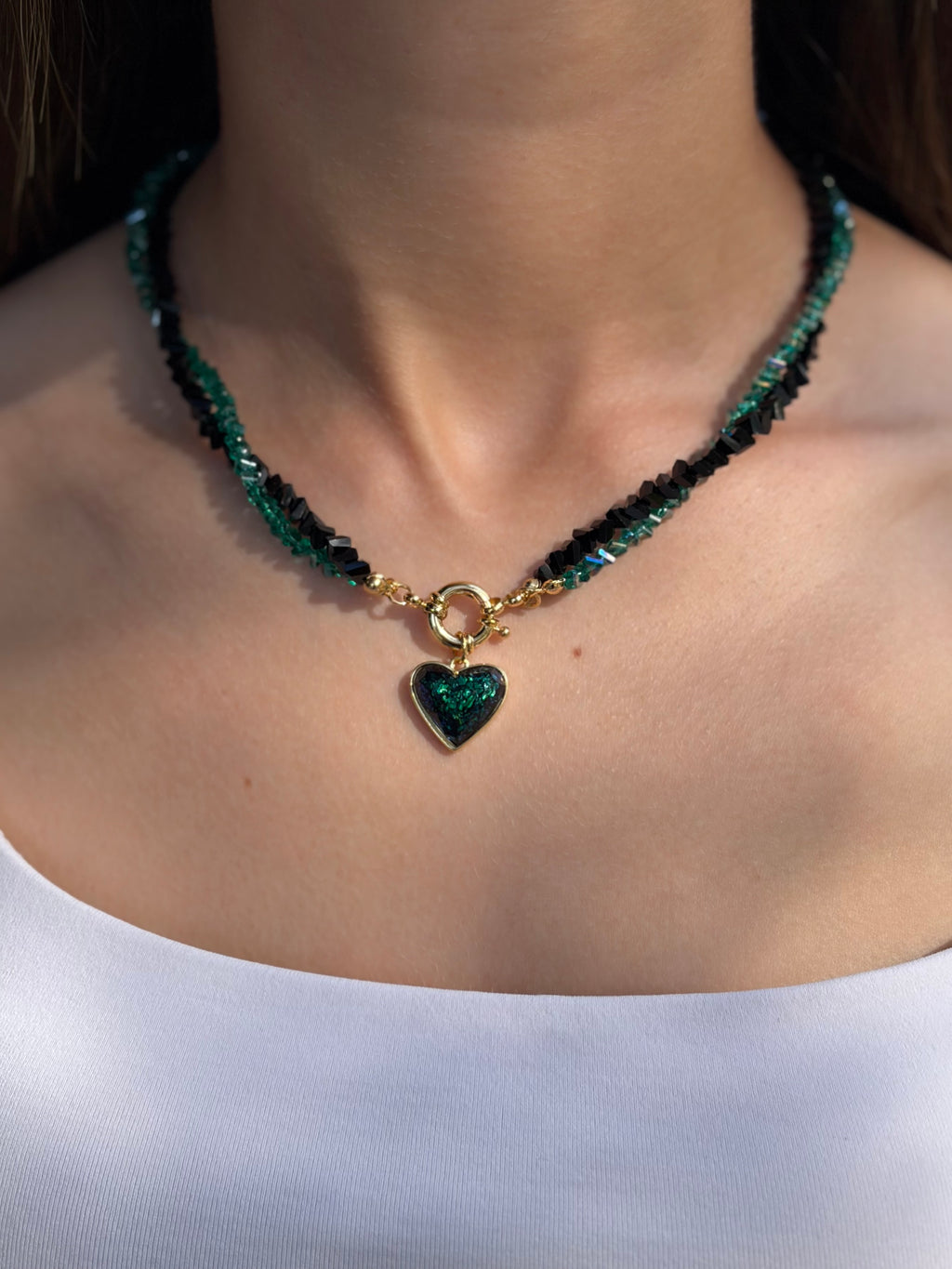 Layered Heart Black and Green Crystal Necklace