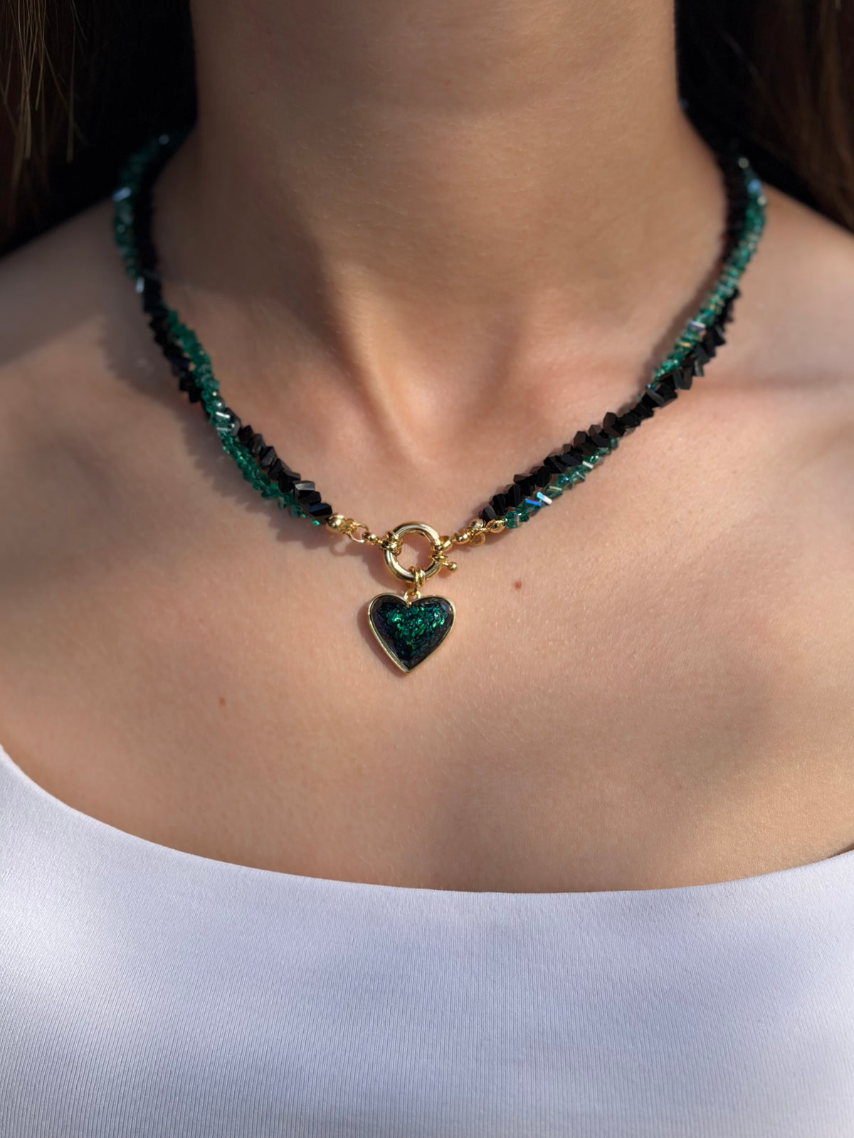Layered Heart Black and Green Crystal Necklace