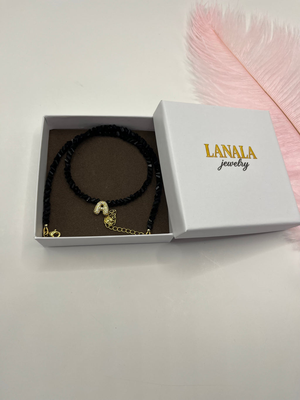 Initial Charm Black Crystal Necklace – 18K Gold Plated, Cubic Zirconia