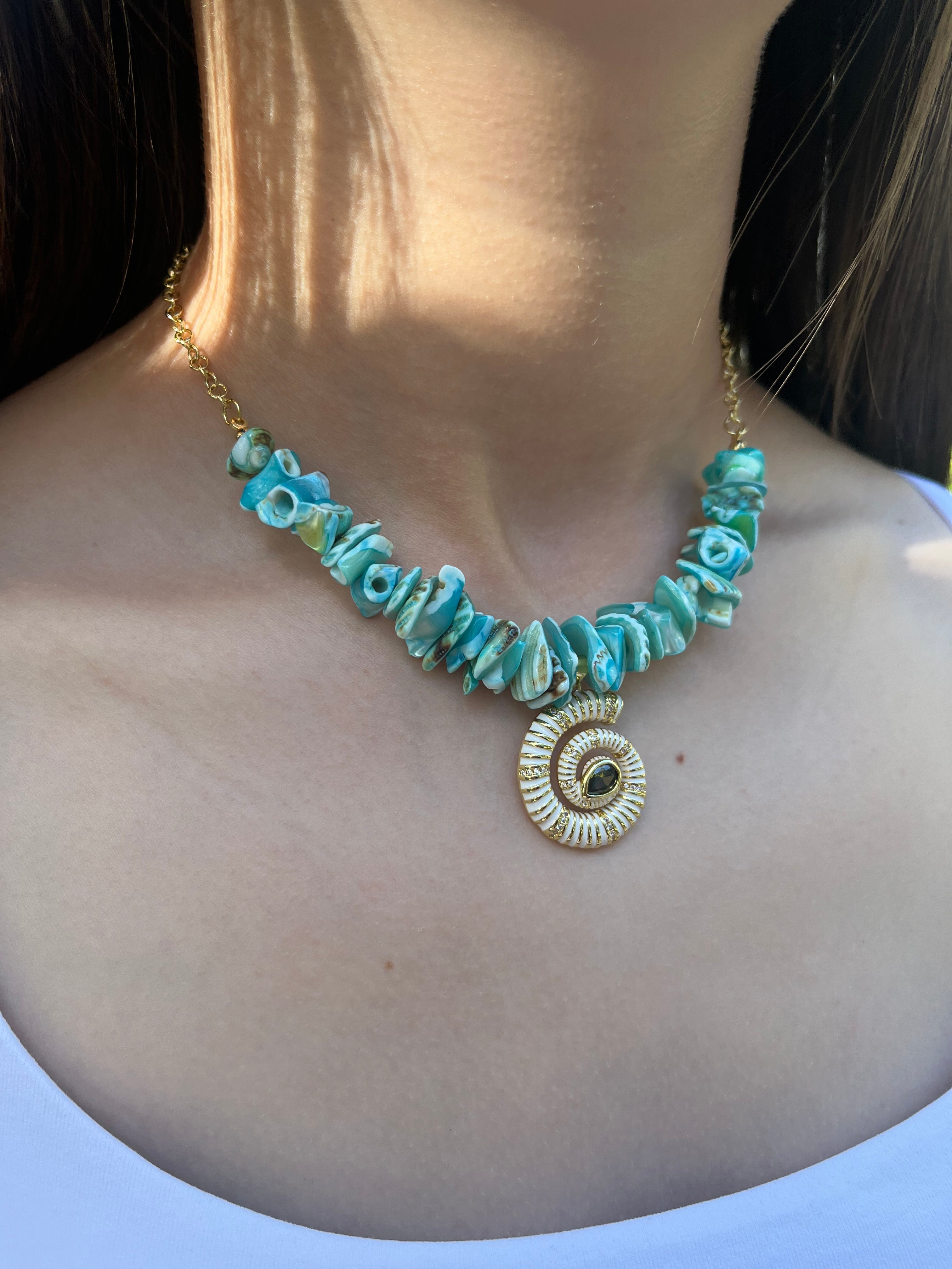 Natural Blue Shell Necklace with Conch Charm, 18K Gold Plated