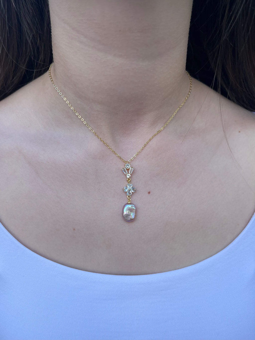 Baroque Pearl and zirconia Y-Necklace, 18k gold plated