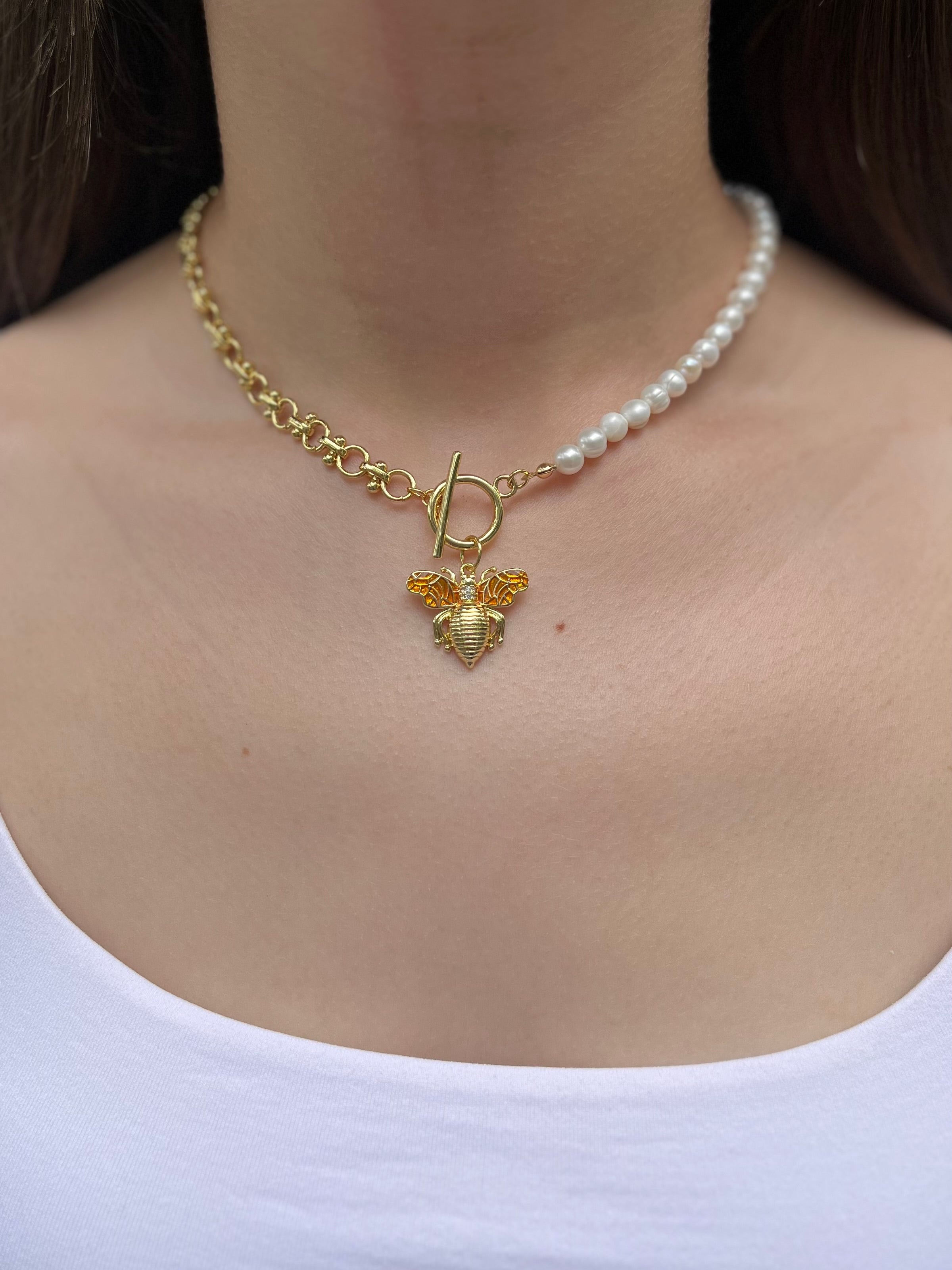Asymmetrical Pearl Necklace with Bee Pendant, 18K Gold Plated Chain