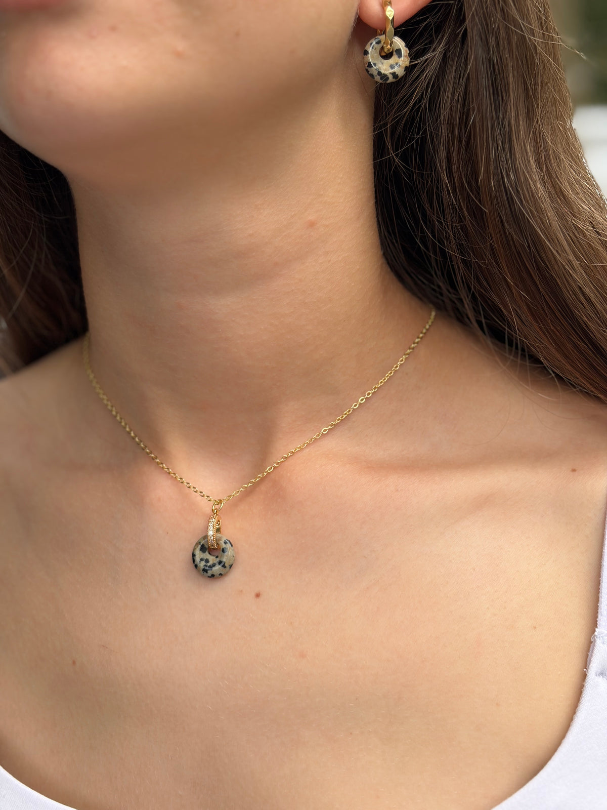 Dalmatian jasper donut Earrings and Necklace, 18K Gold Plated