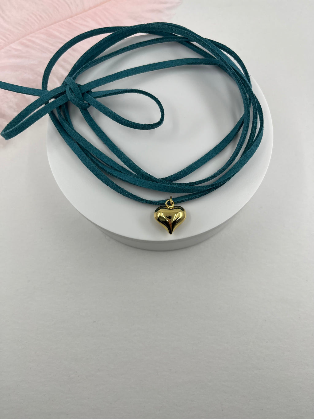Turquoise Suede Bow Tie Wrap Choker, 18K gold Heart Pendant Necklace