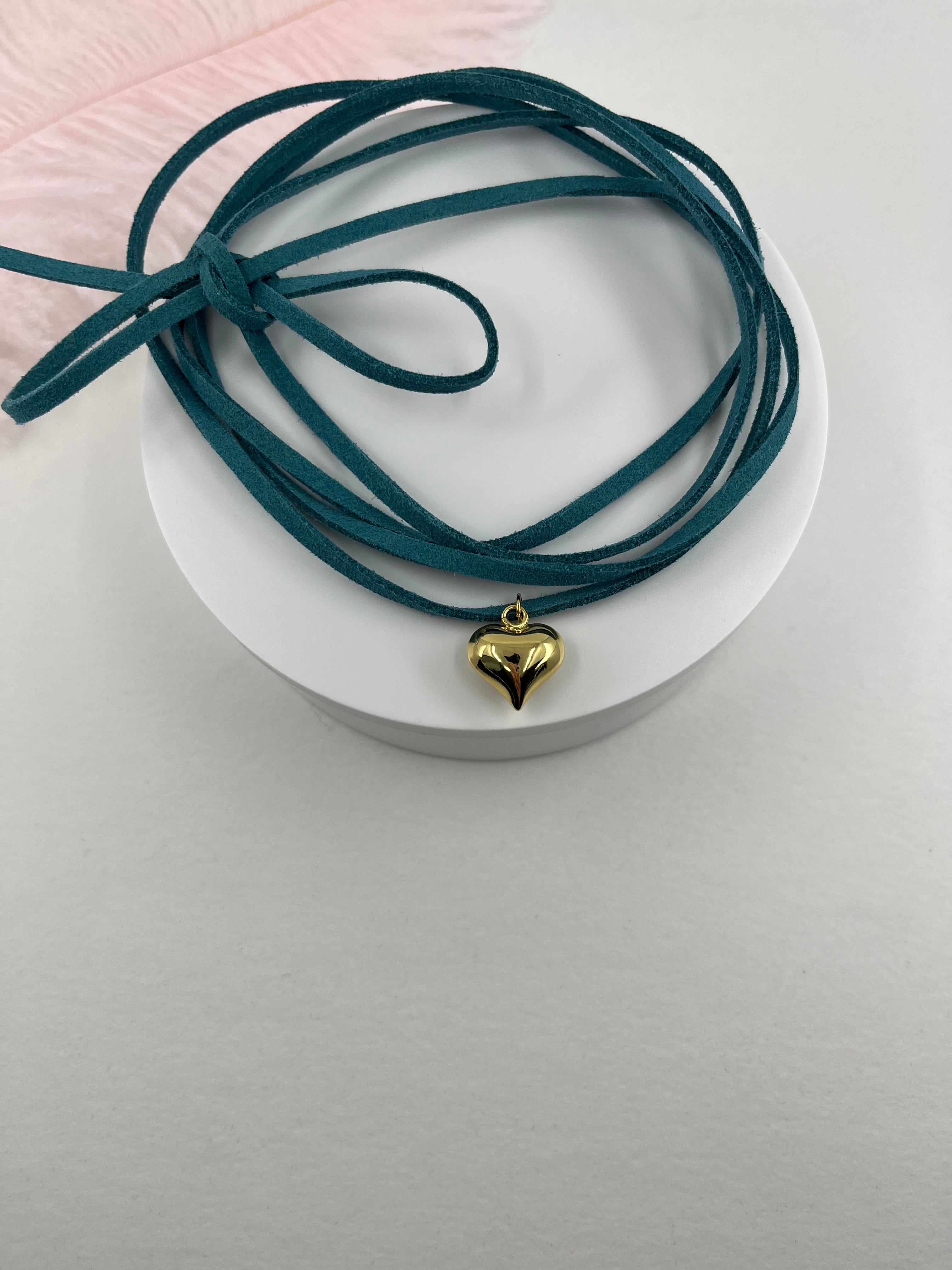 Turquoise Suede Bow Tie Wrap Choker, 18K gold Heart Pendant Necklace