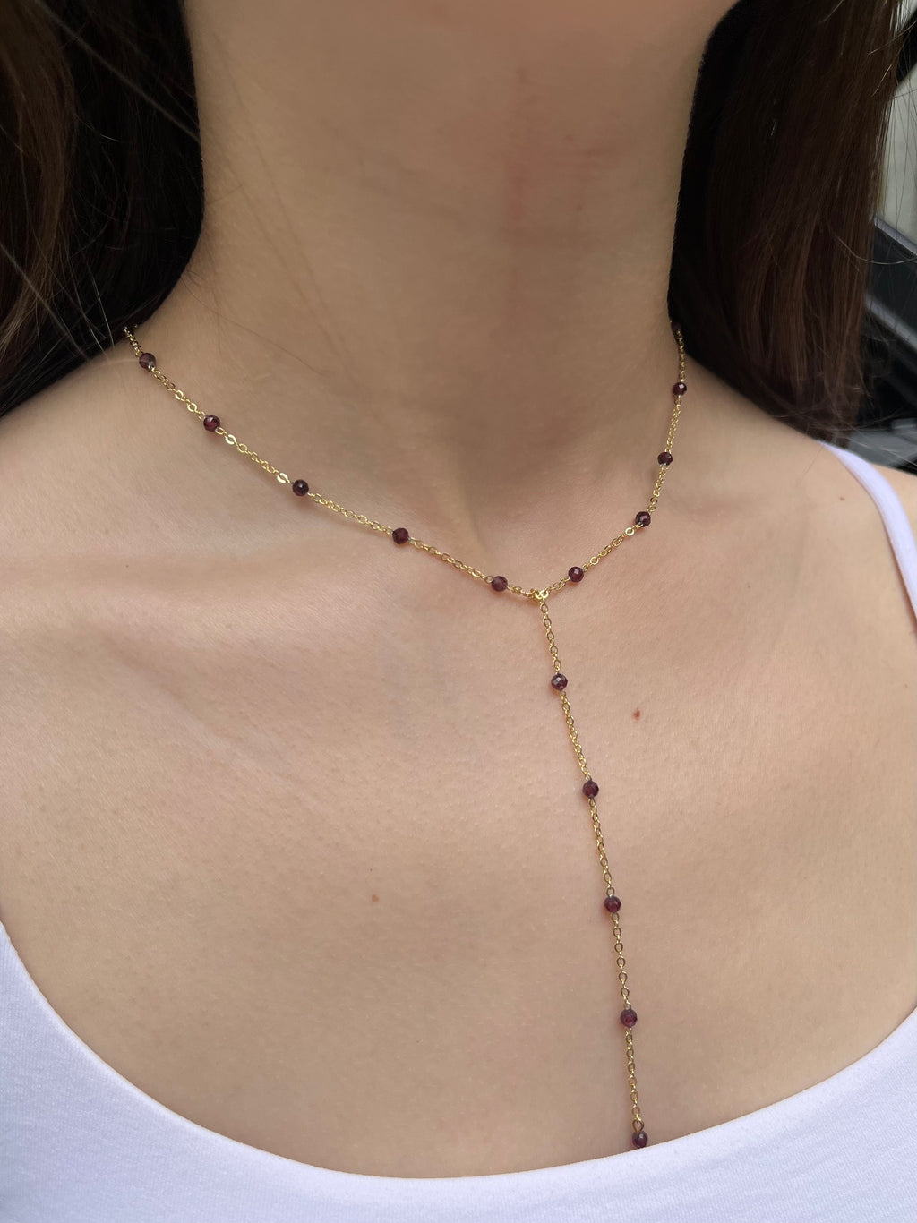 Lariat Garnet necklace , 18K gold plated