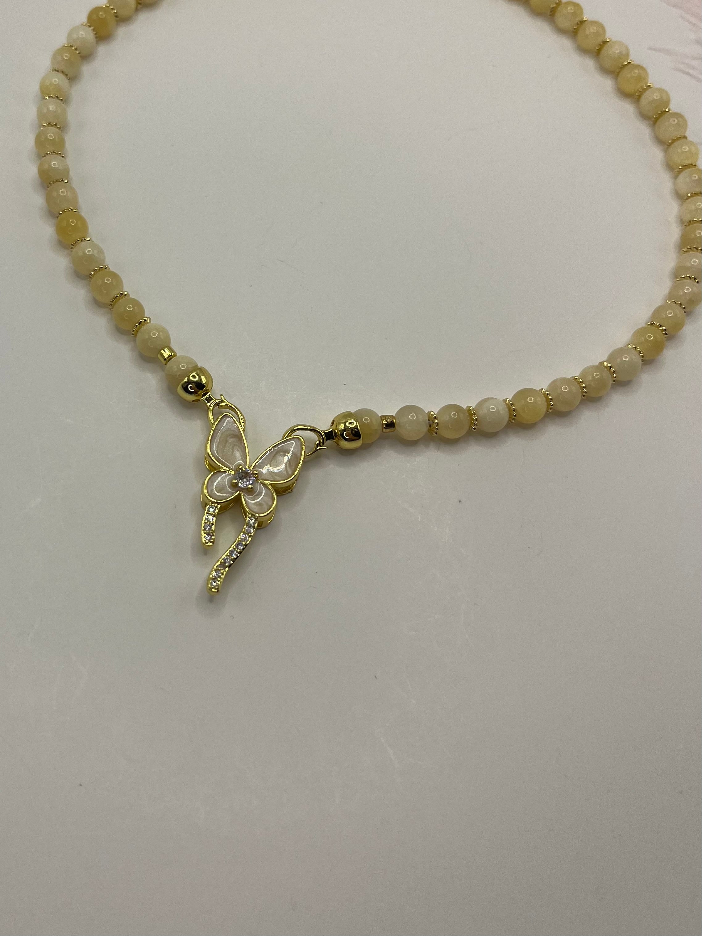 Topaz Jade Choker Necklace : 18K Gold Plated Zirconia Butterfly Clasp