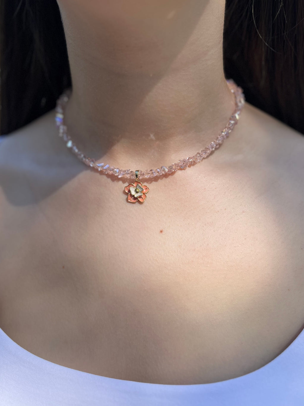 Enamel Flower Crystal Choker Necklace – 18K Gold Plated