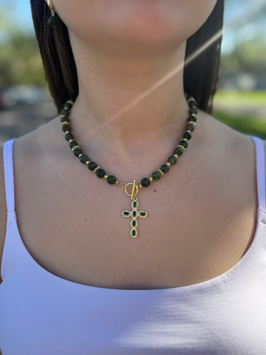 Set: Natural Taiwan Jade Necklace with Zirconia Cross 18K Gold plated