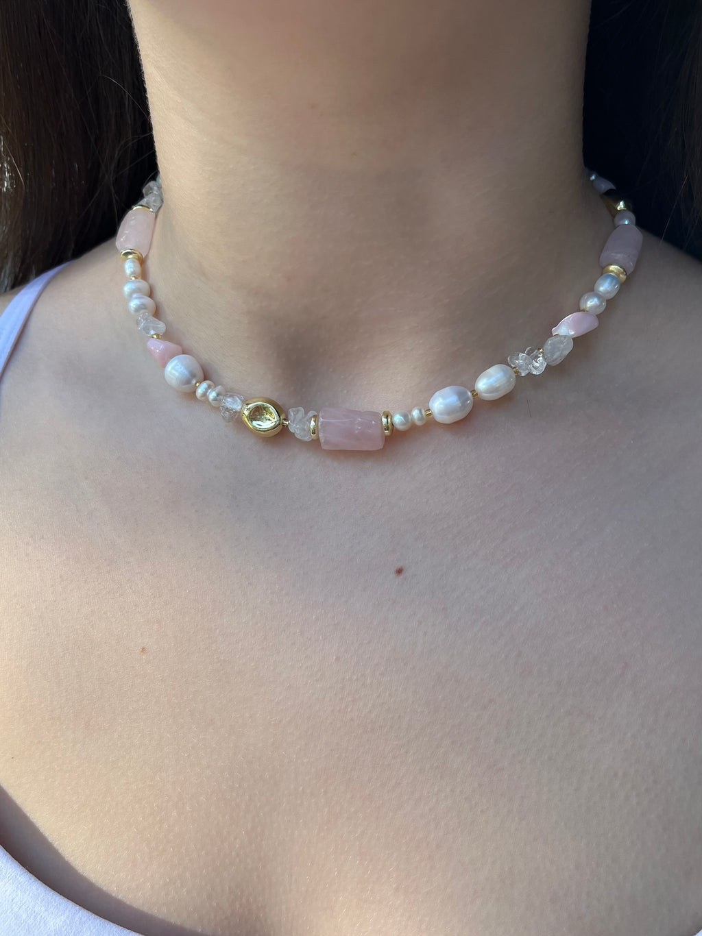 Set: Pearl and Rose Quartz Necklace and Earrings