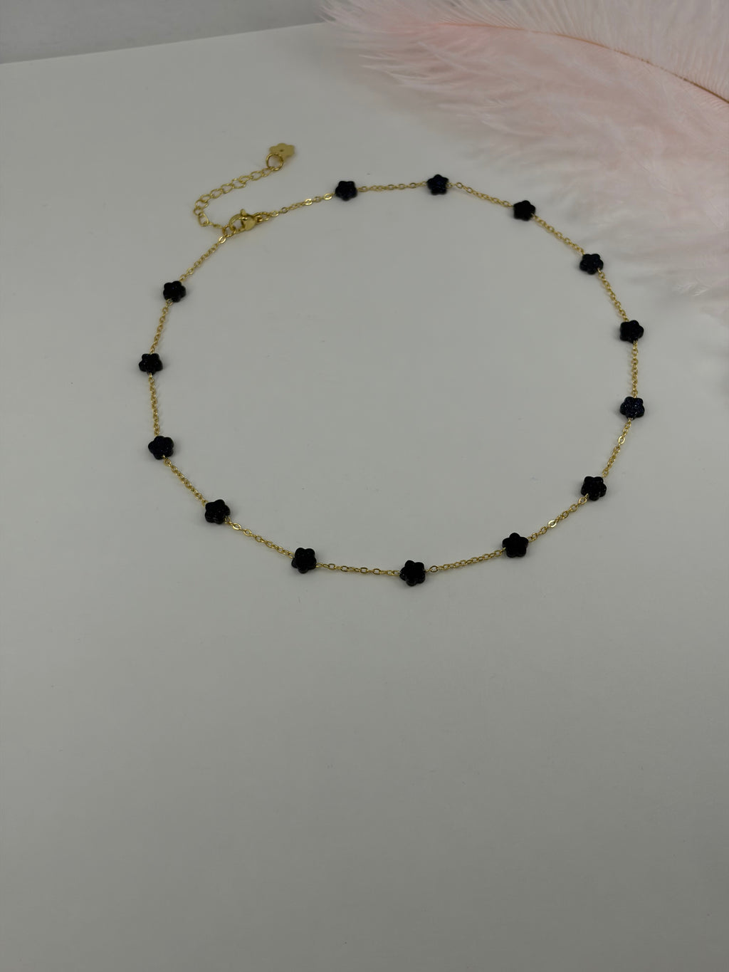 Black Blue Goldstone Flower Necklace: 18K Gold Plated