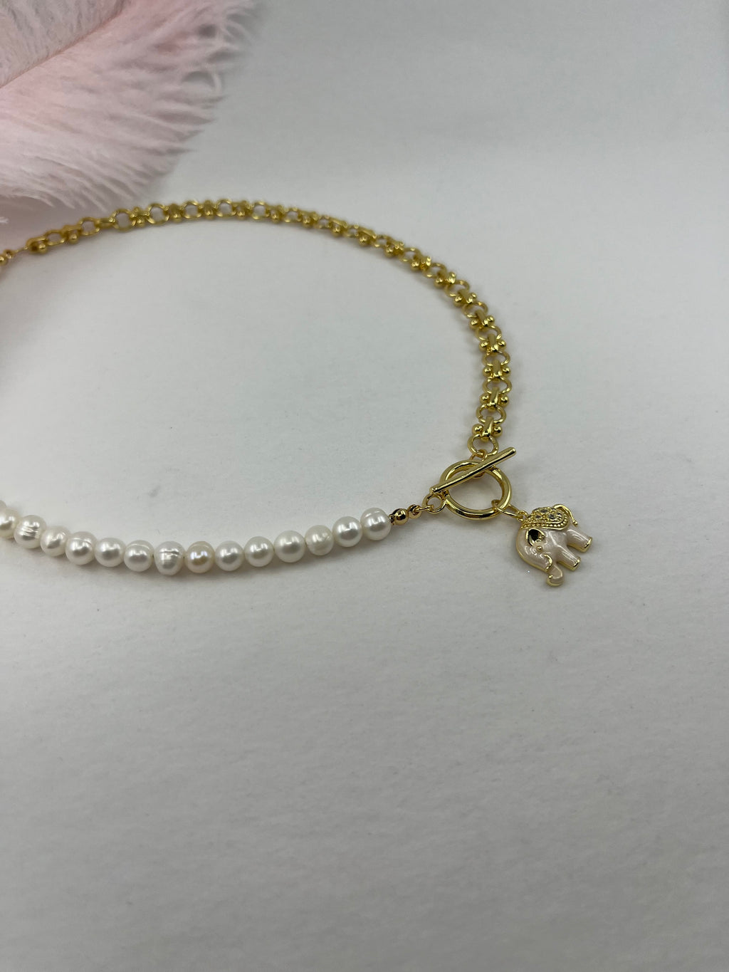 Asymmetrical Pearl Necklace with Elephant Pendant, 18K Gold Plated Chain
