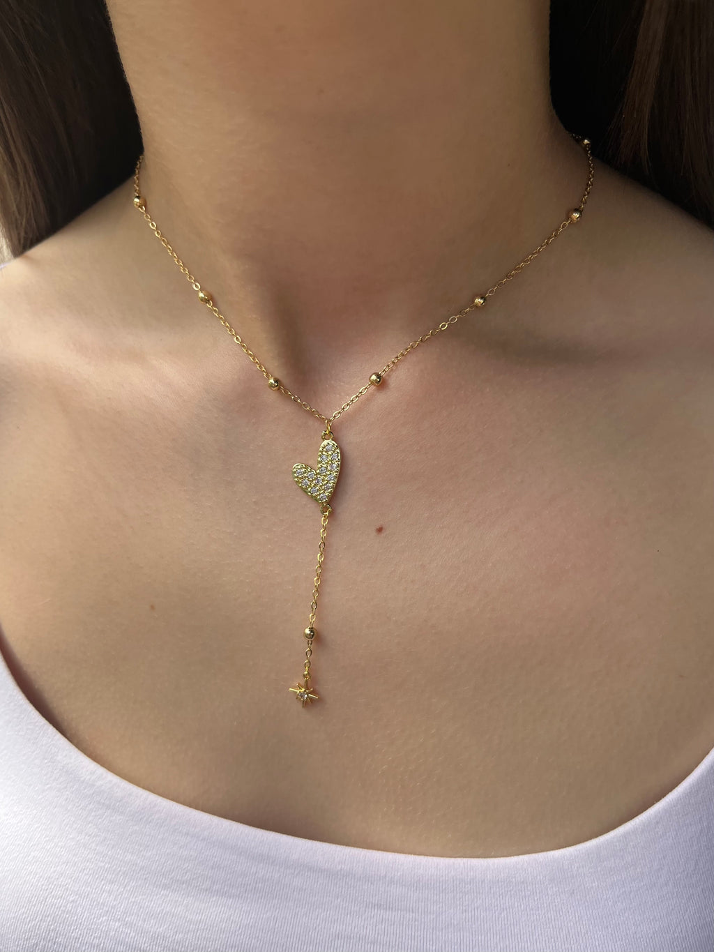 Lariat Y-Necklace, zirconia heart pendant 18k gold plated