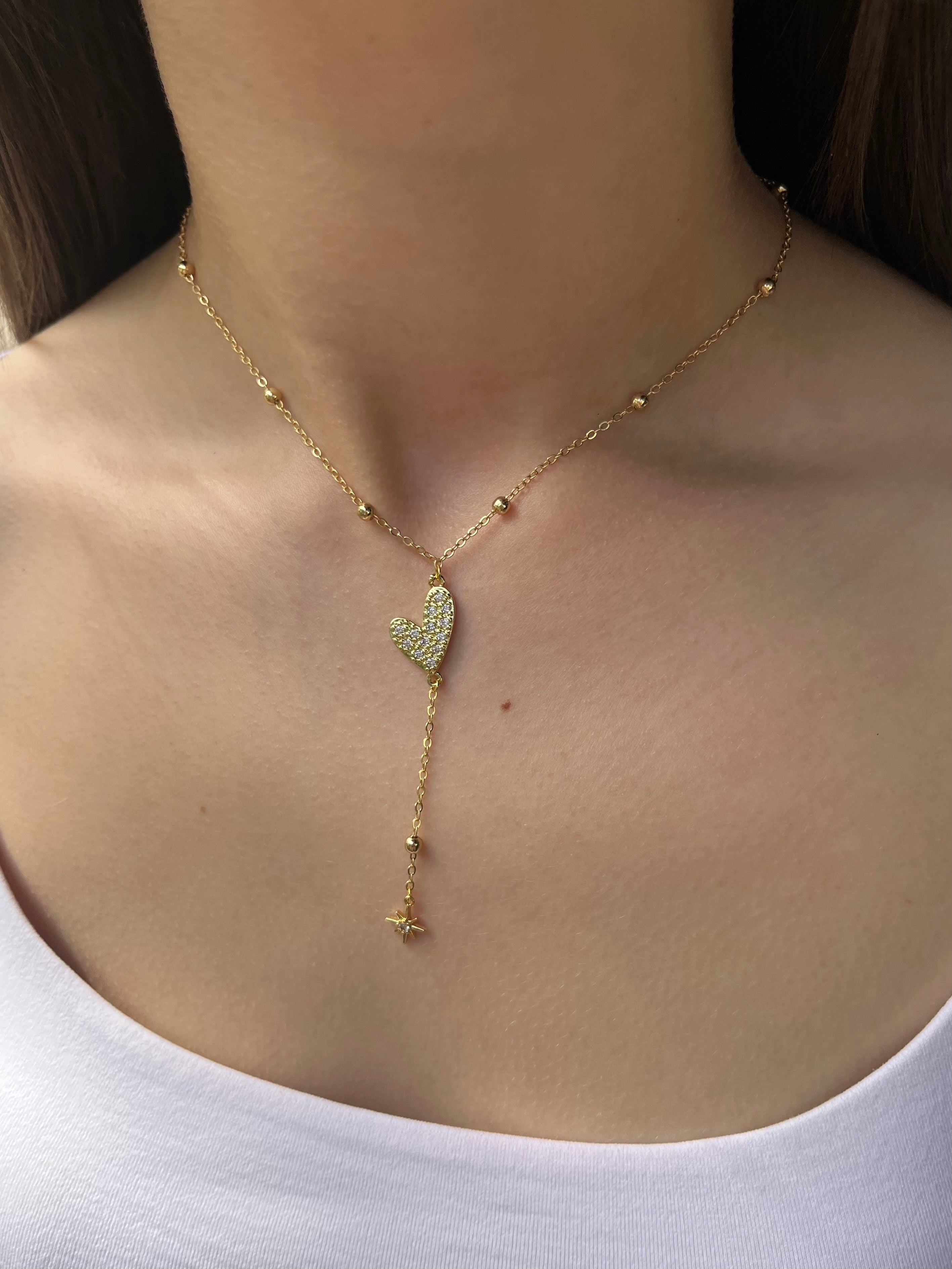 Lariat Y-Necklace, zirconia heart pendant 18k gold plated