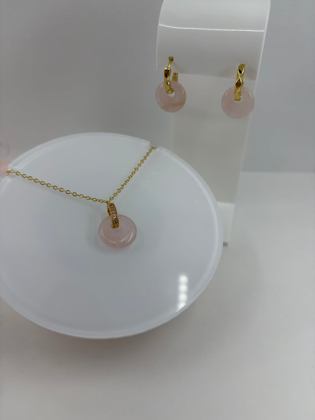 Rose Quartz Donut Earrings and Necklace,18K Gold Plated